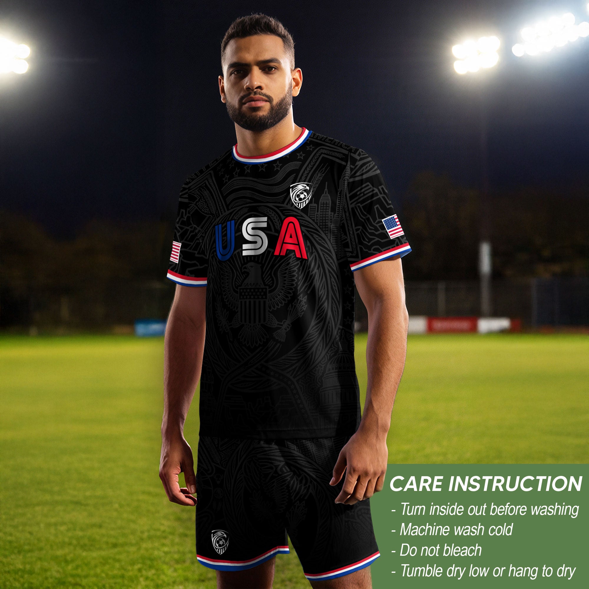 USA Patriotic Soccer Jersey Adult Black Eagle American Flag Independence Day Shirt
