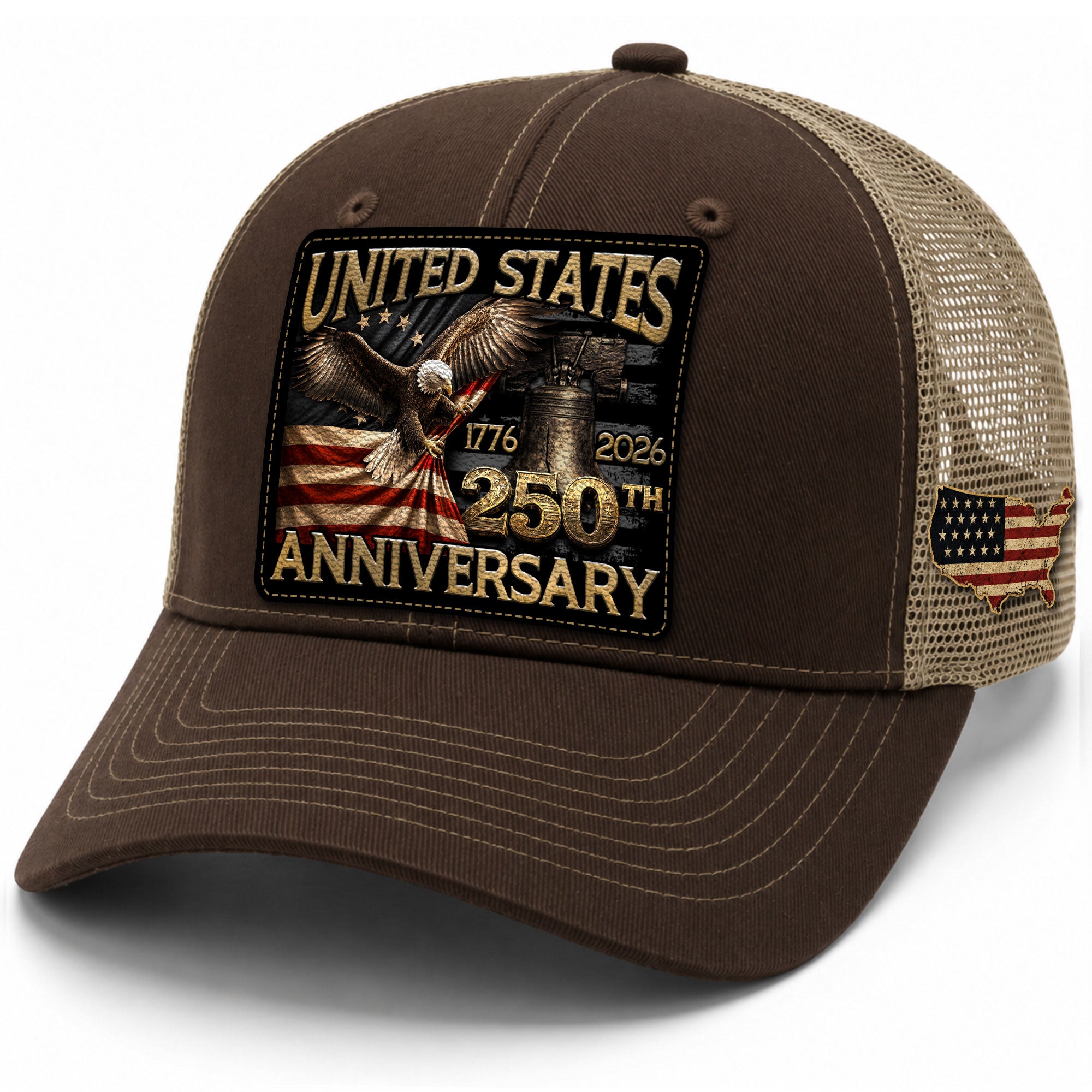 US 250th Anniversary Eagle Trucker Hat Vintage Leather Patch Patriotic Historic Cap