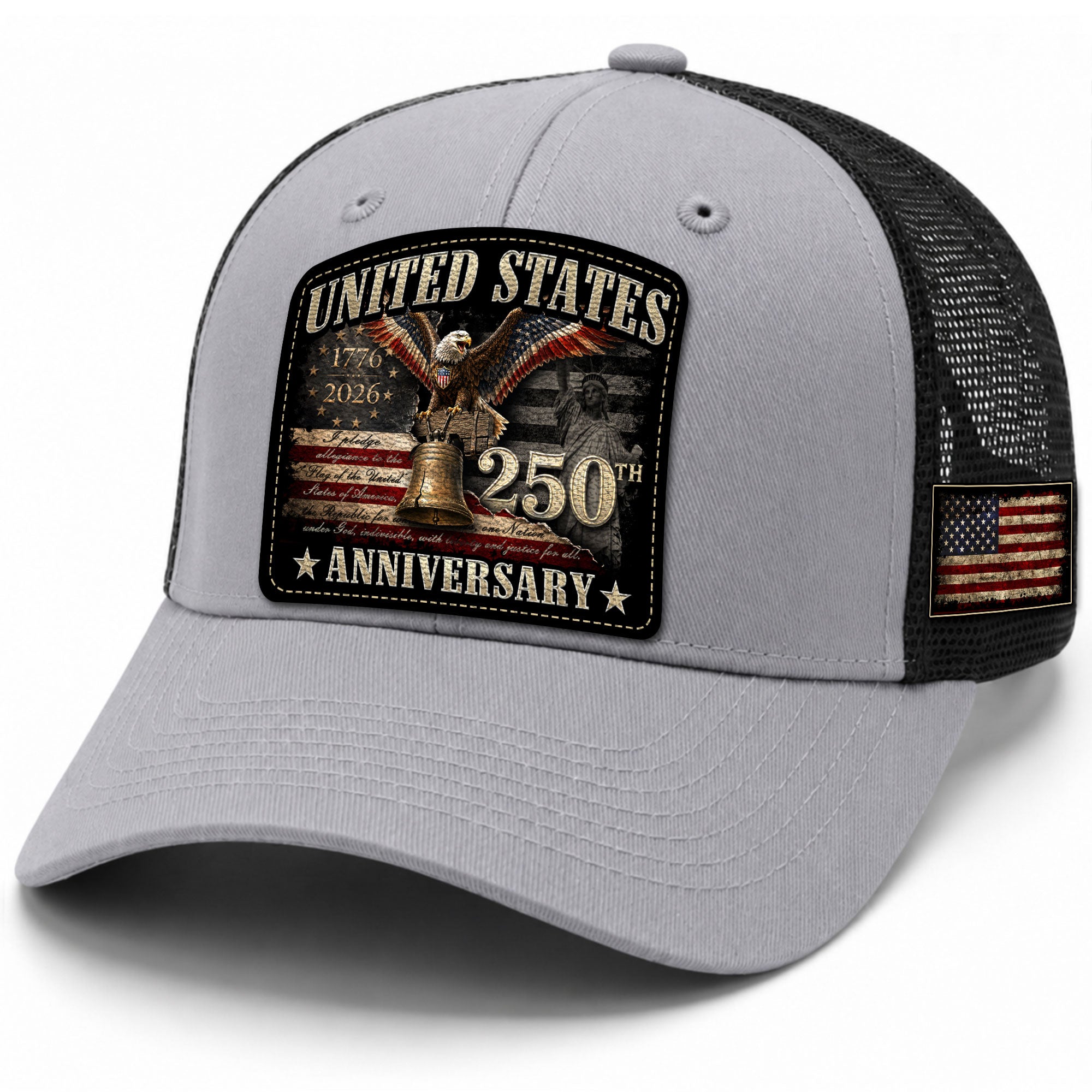 US 250th Anniversary Trucker Hat Statue of Liberty Bell Eagle Patriotic Mesh Cap