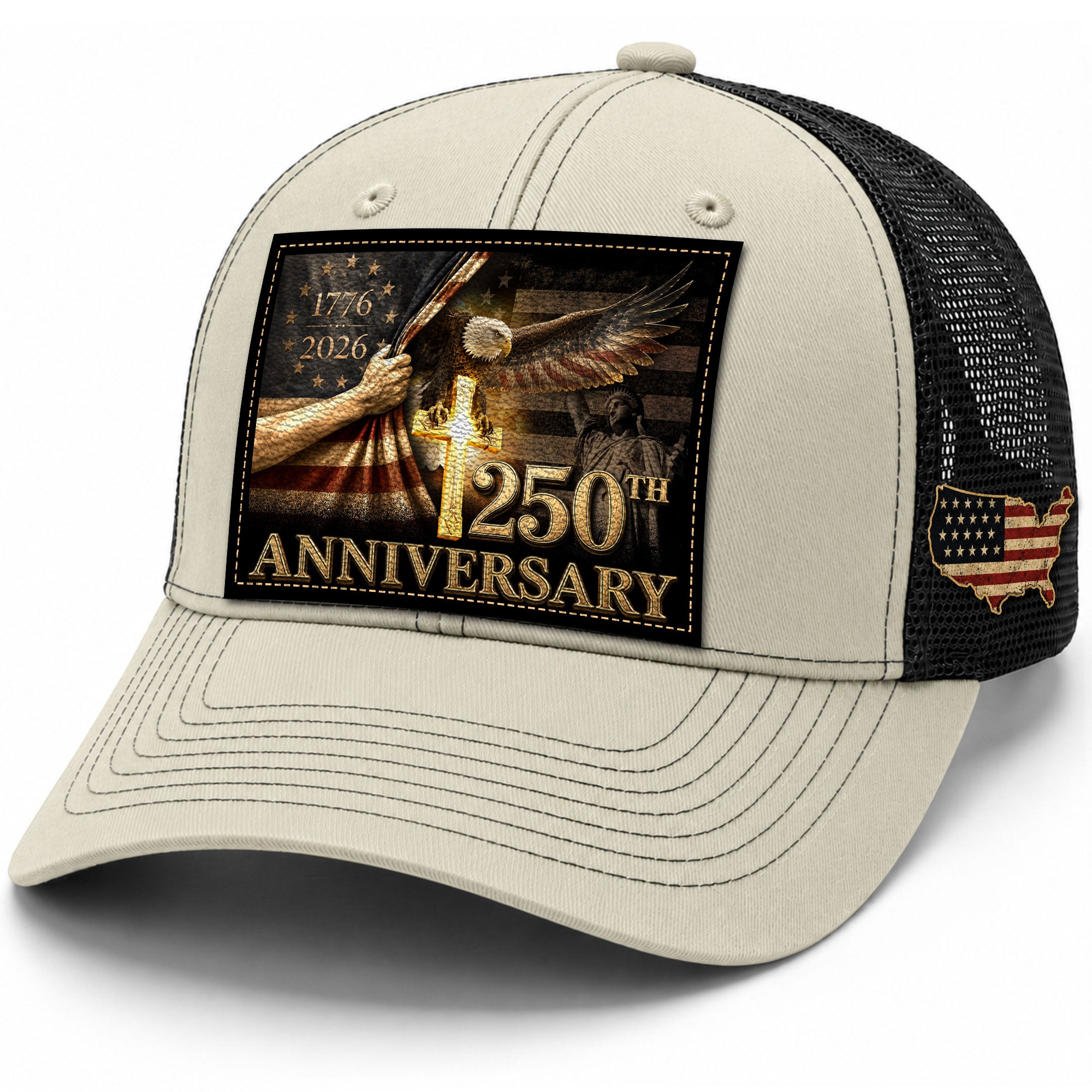 US 250th Anniversary Trucker Hat Christian Cross Eagle Patriotic Leather Patch Mesh Cap