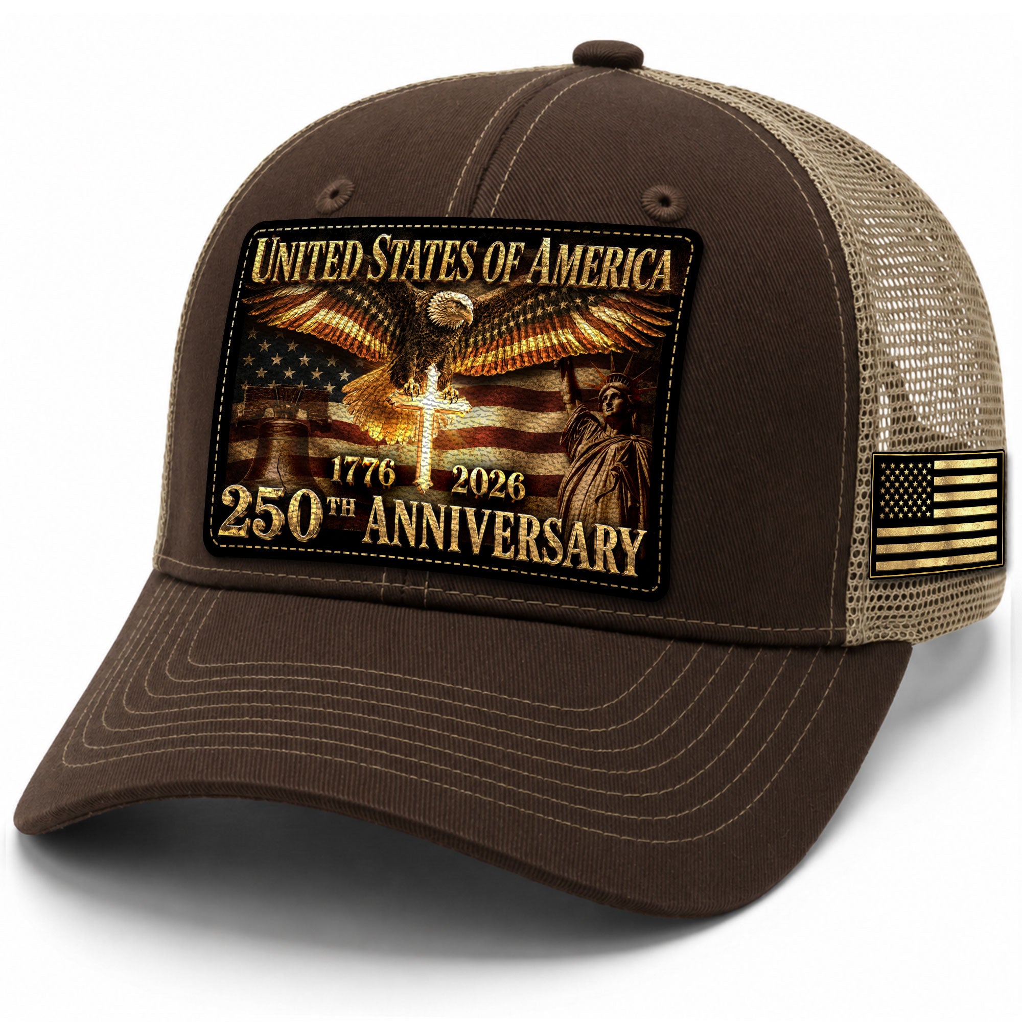 US 250th Anniversary Trucker Hat Christian Cross Eagle Liberty Bell Patriotic Mesh Cap
