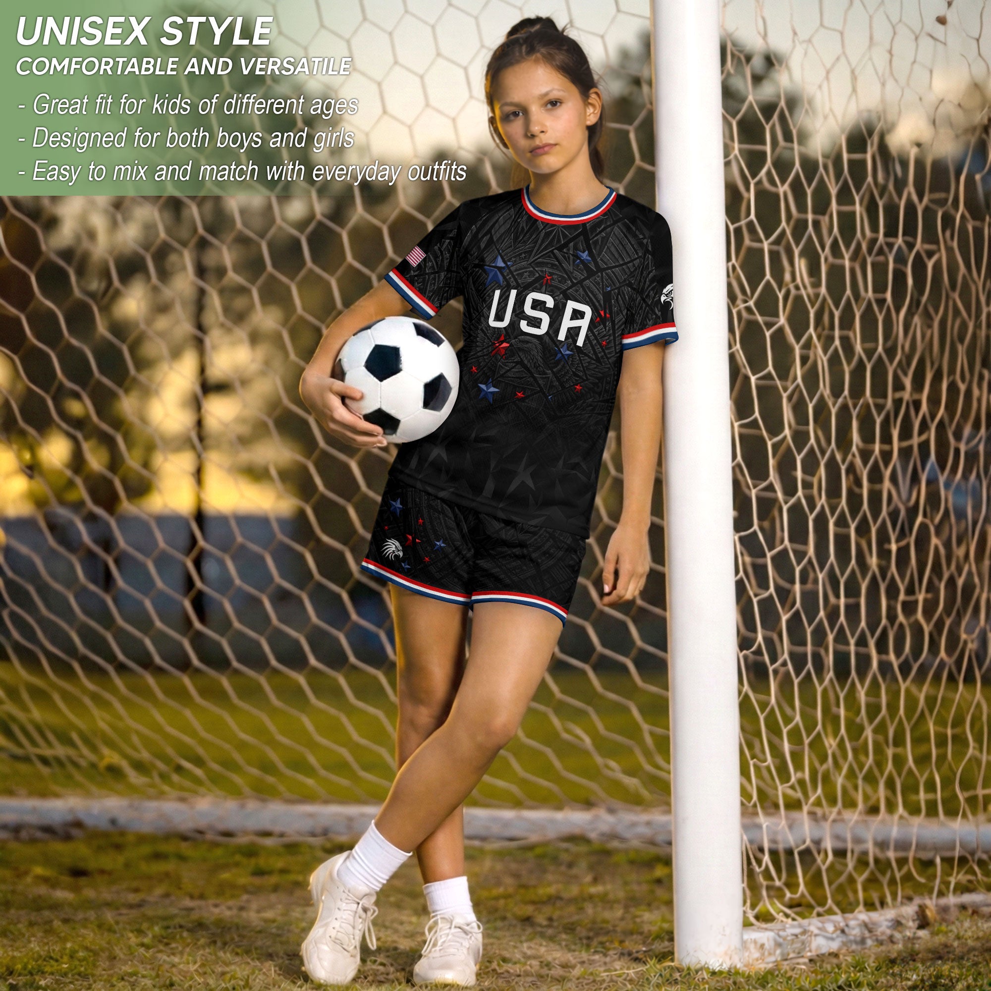 USA Patriotic Kids Soccer Jersey Eagle American Flag Youth Football Shirt for Kids