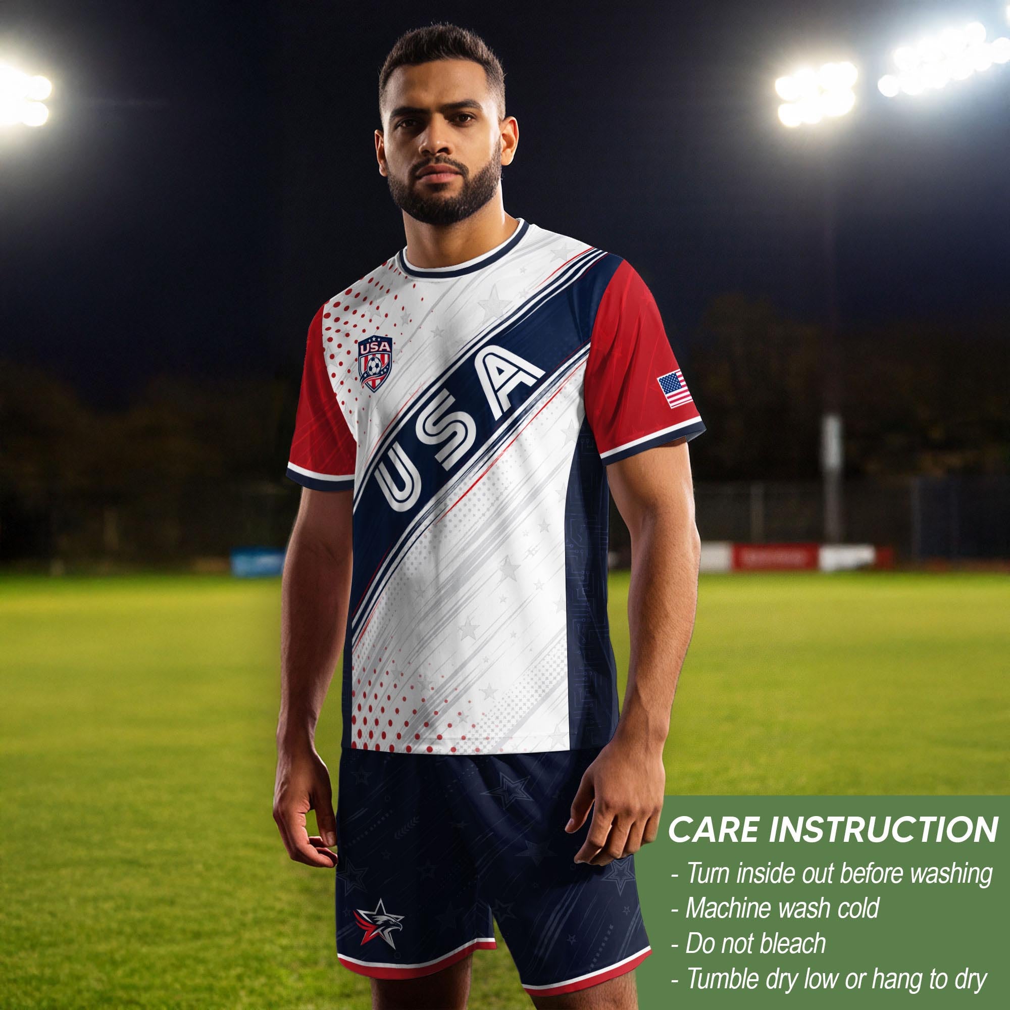 Adult USA Soccer Jersey White Navy Patriotic Diagonal Sash Polka Dot United States Tee