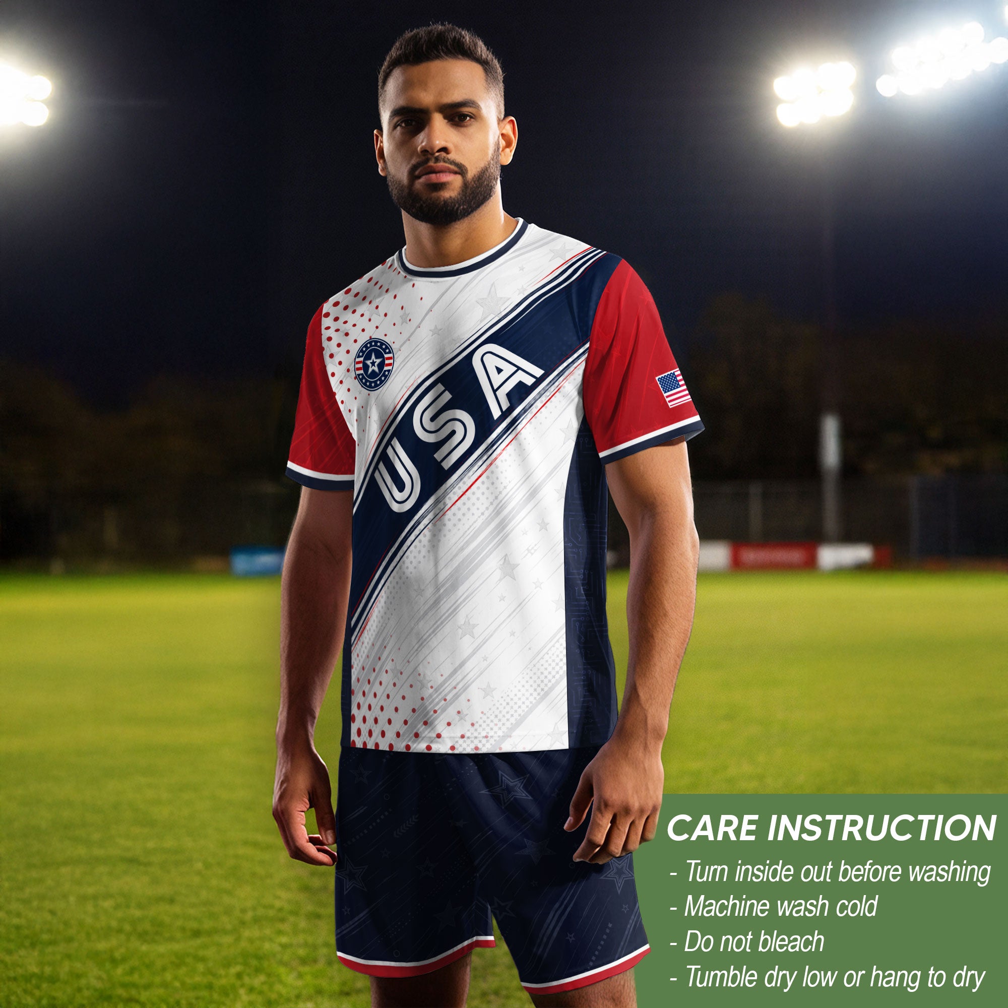 Adult USA Soccer Jersey White Navy Patriotic Diagonal Sash Polka Dot United States Tee