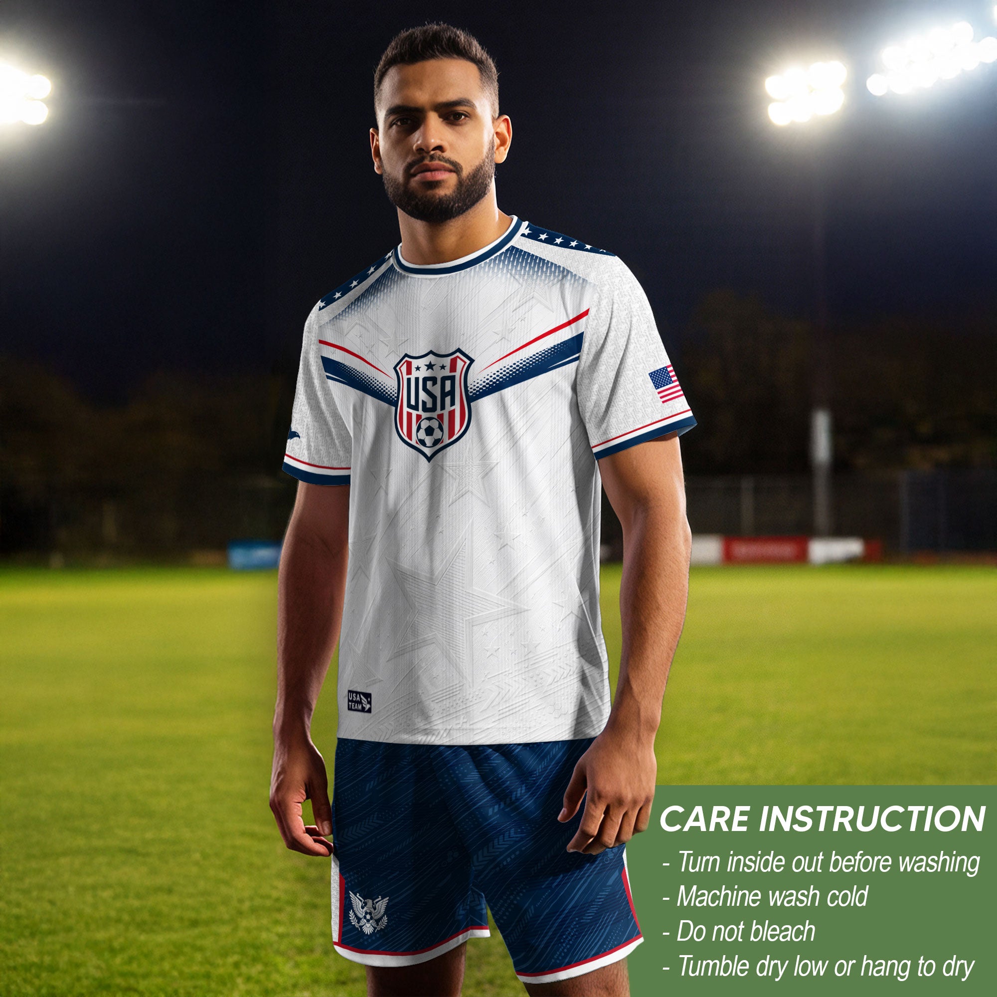 Adult USA Soccer Jersey Patriotic White Flag Pattern Lettering United States Fan Shirt