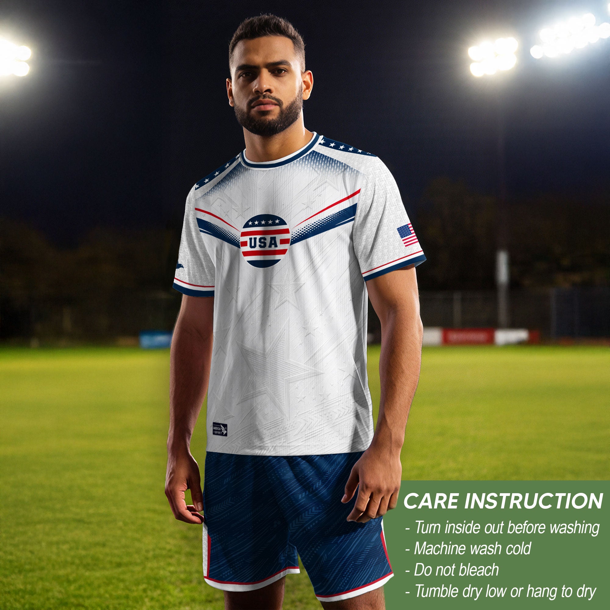 Adult USA Soccer Jersey Patriotic White Flag Pattern Lettering United States Fan Shirt