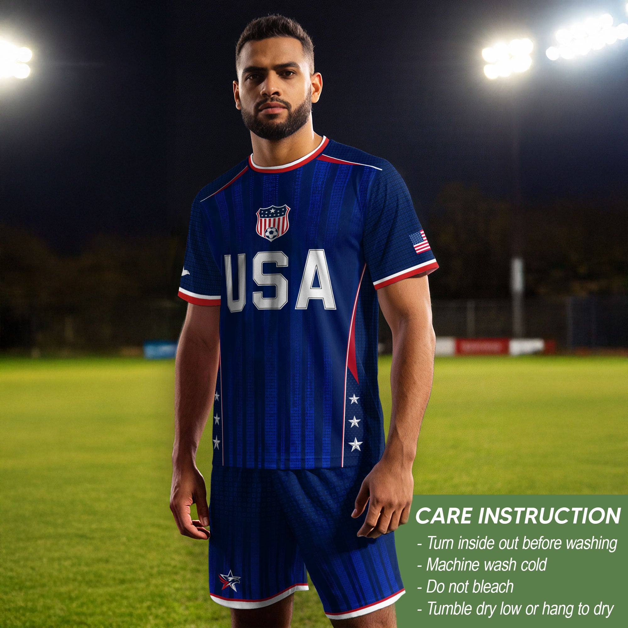 Adult USA Soccer Jersey Navy Blue Patriotic Vertical Stripe Star Side United States Tee