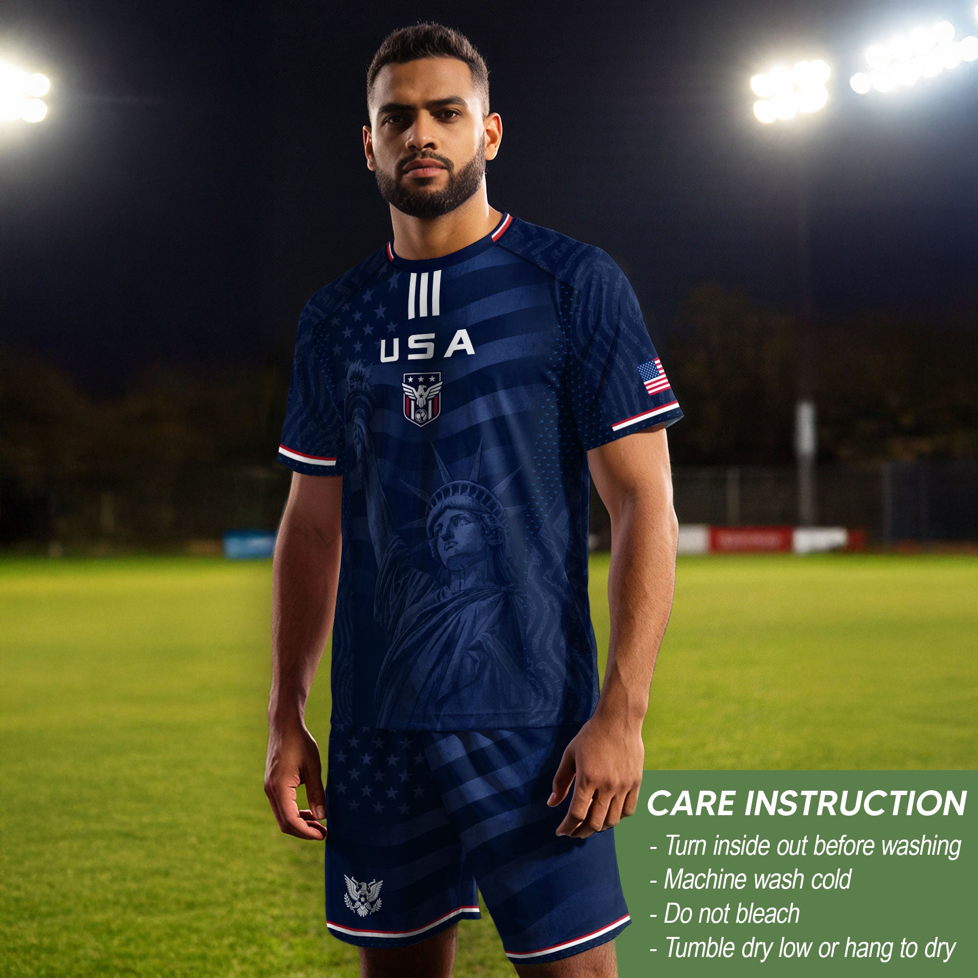 Adult USA Soccer Jersey Navy Patriotic Statue of Liberty Artistic Graphic Football Tee