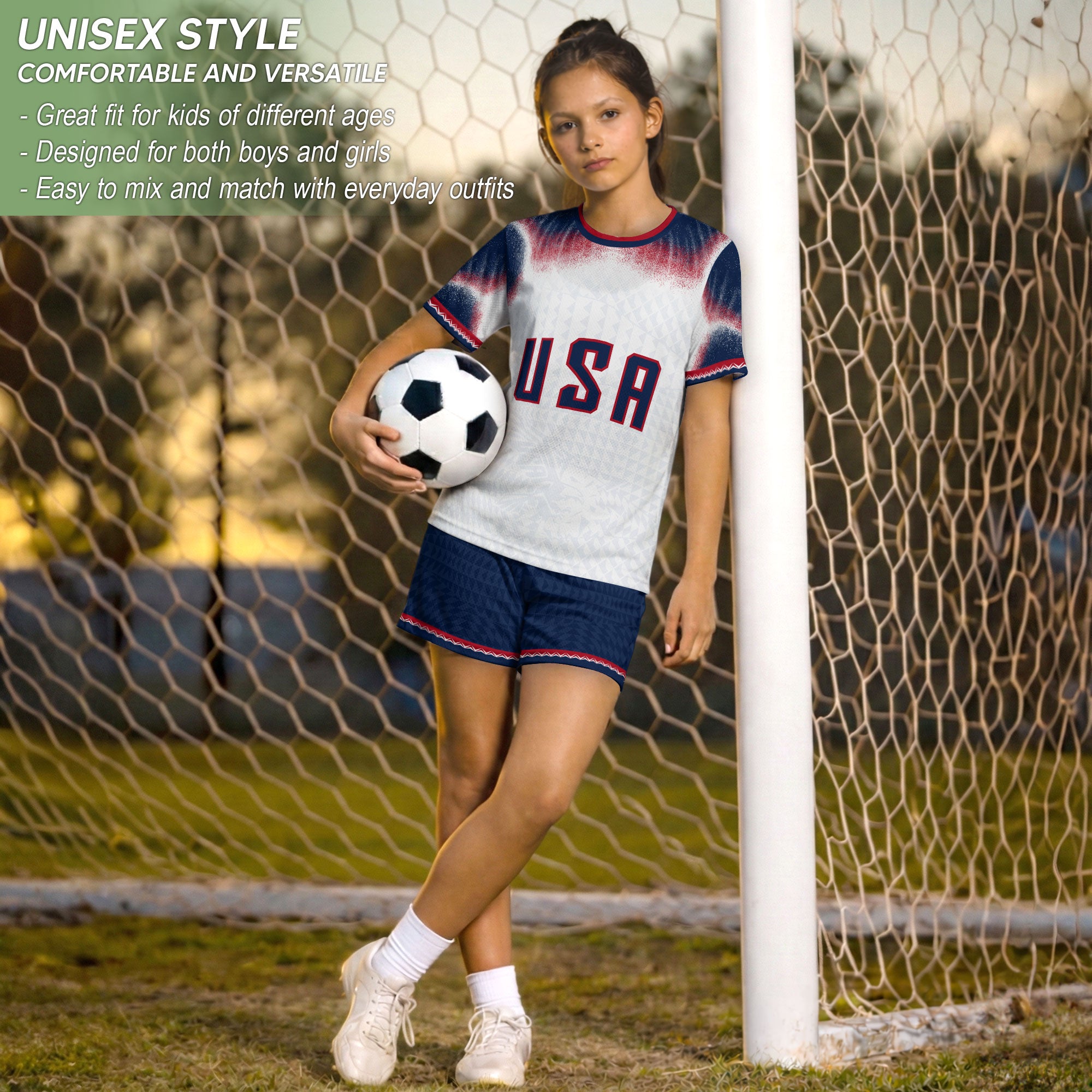 Kids USA Soccer Jersey White Youth Red Blue Patriotic Football Tee Shirt