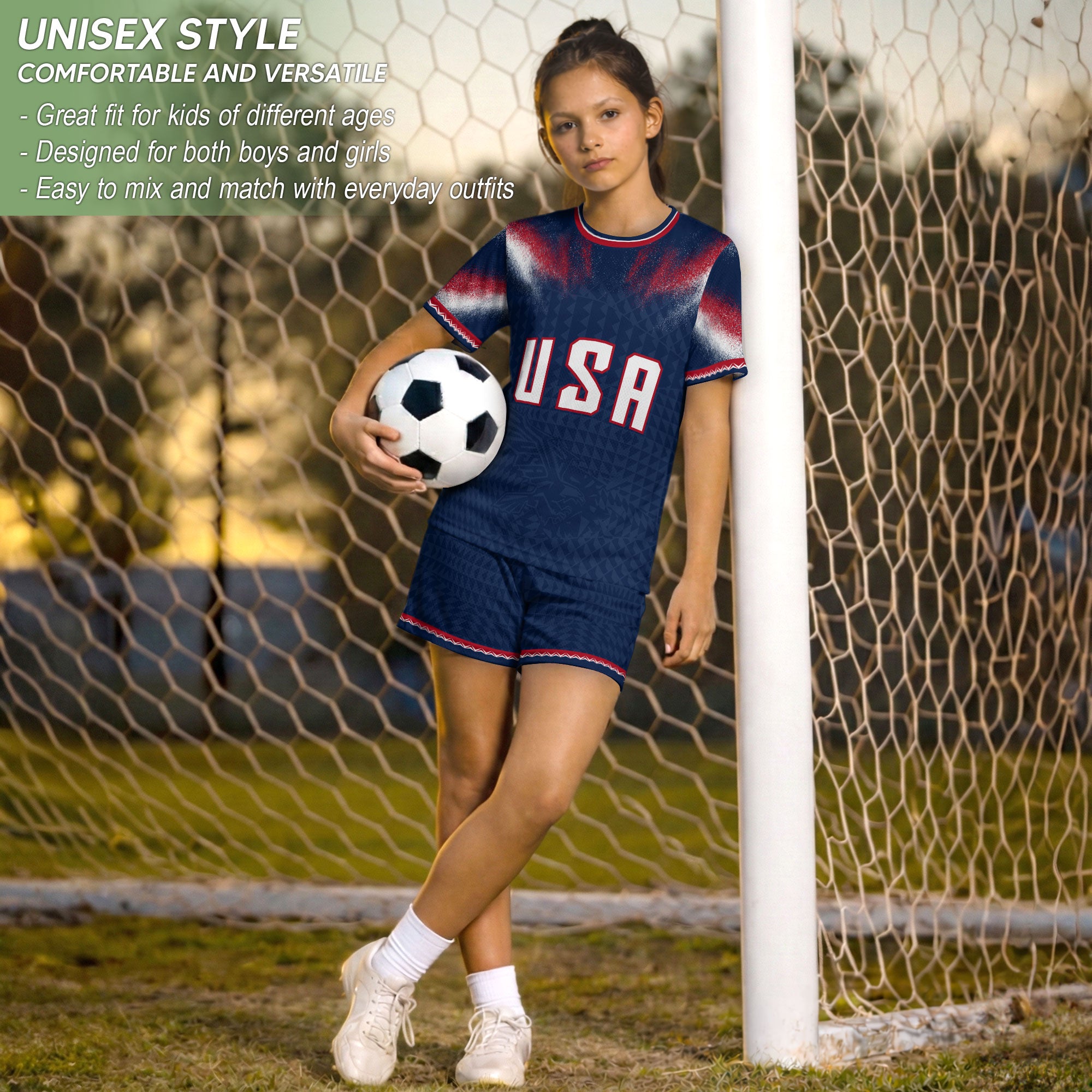 Kids USA Soccer Jersey Navy Blue Youth Red White Blue Patriotic Football Tee Shirt