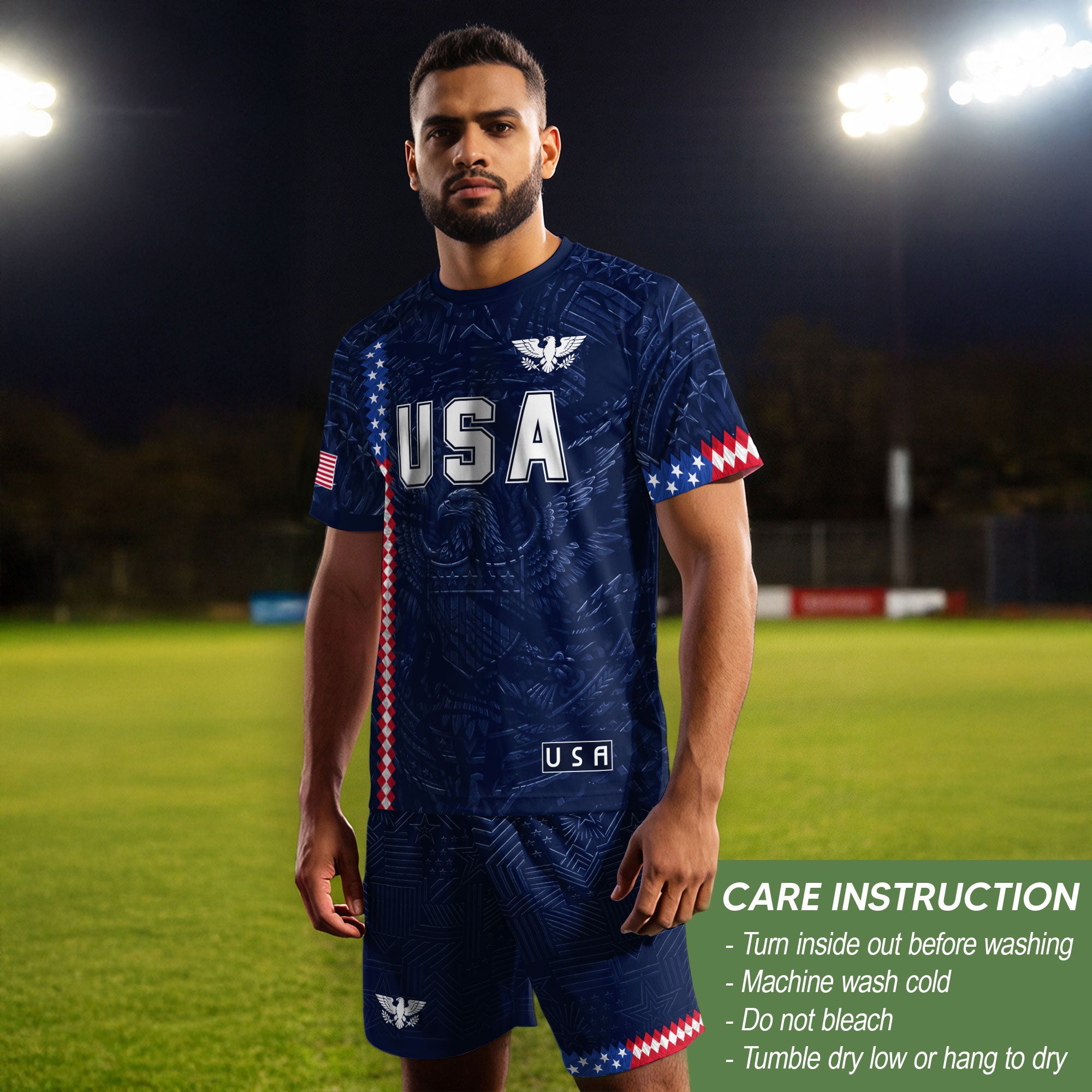 USA Soccer Jersey Men Navy Blue Eagle Flag Pattern Patriotic Football Shirt - Rust Field Wear