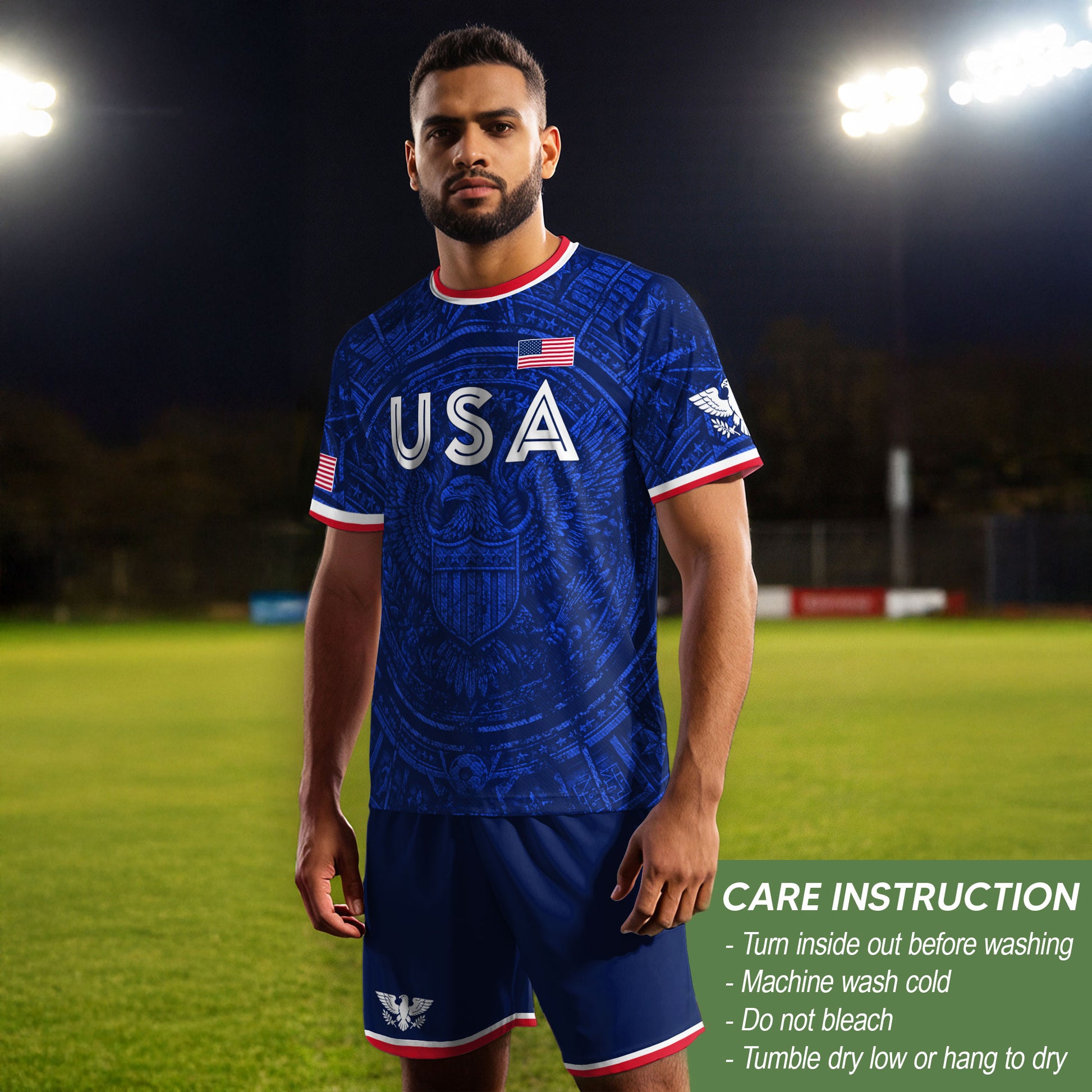 USA Soccer Jersey Men Royal Blue Eagle Graphic Patriotic Football T-Shirt - Rust Field Wear