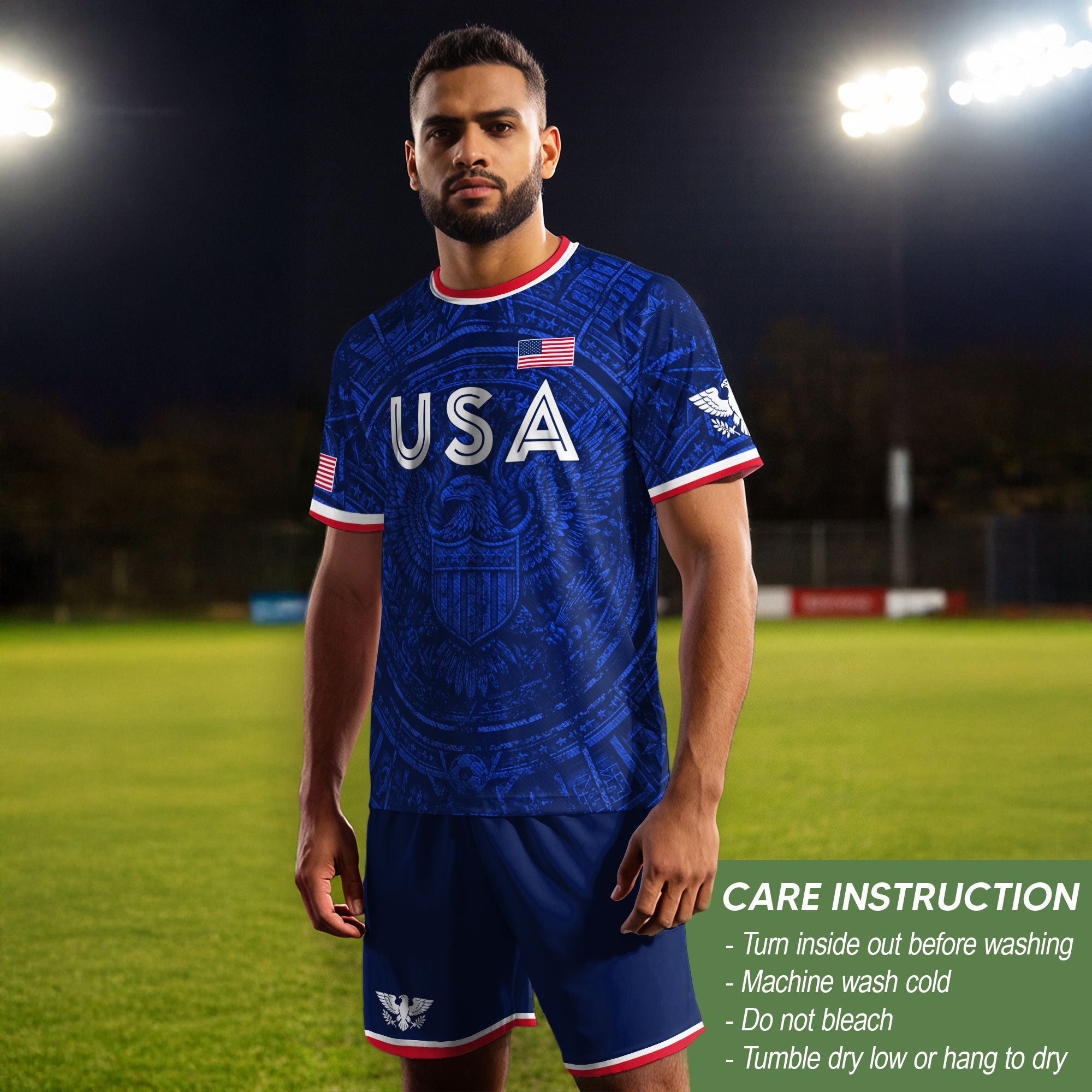 USA Soccer Jersey Men Royal Blue Eagle Graphic Patriotic Football T-Shirt - Rust Field Wear
