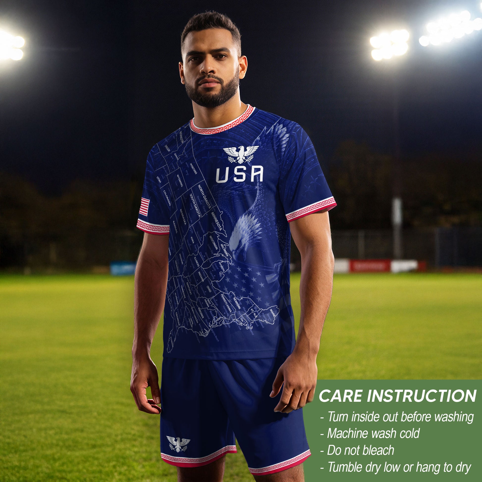 USA Soccer Jersey Men Navy Blue Eagle Map Graphic Patriotic Football T-Shirt - Rust Field Wear