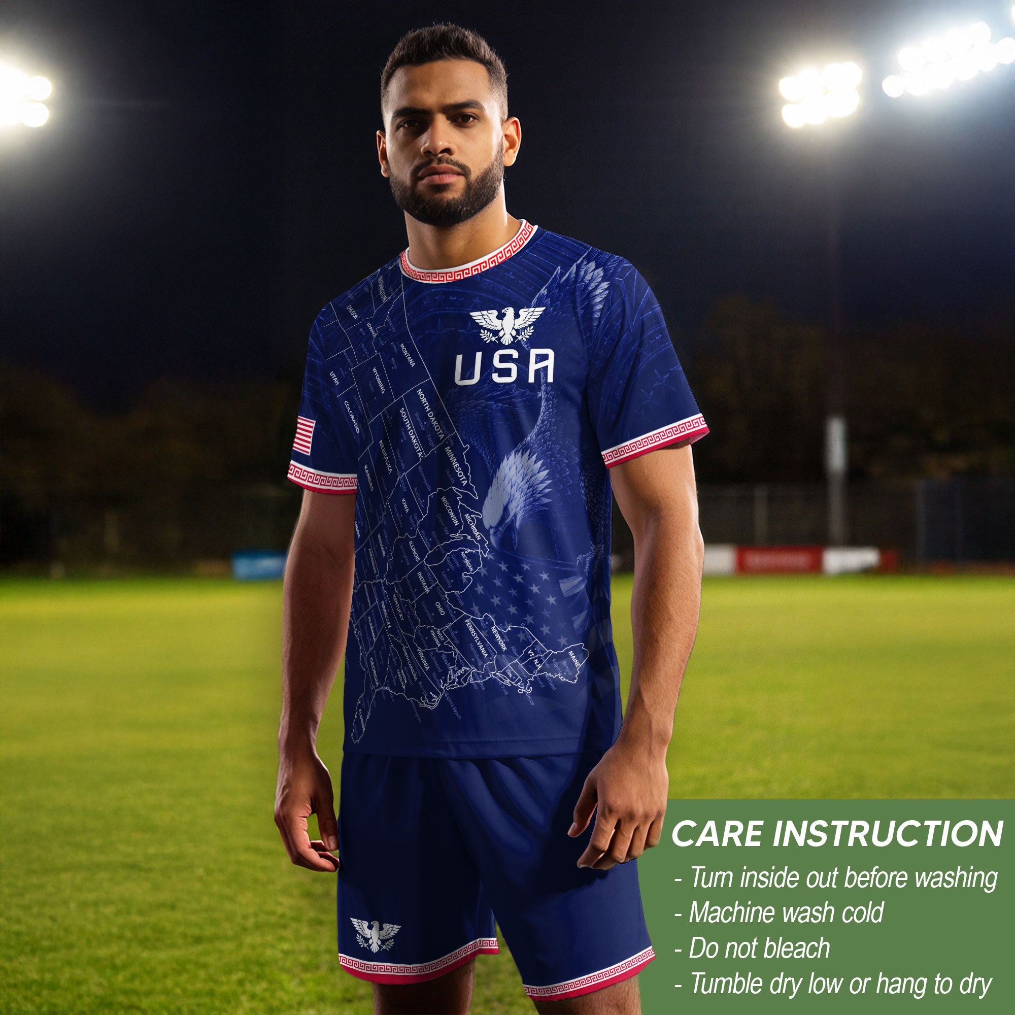 USA Soccer Jersey Men Navy Blue Eagle Map Graphic Patriotic Football T-Shirt - Rust Field Wear