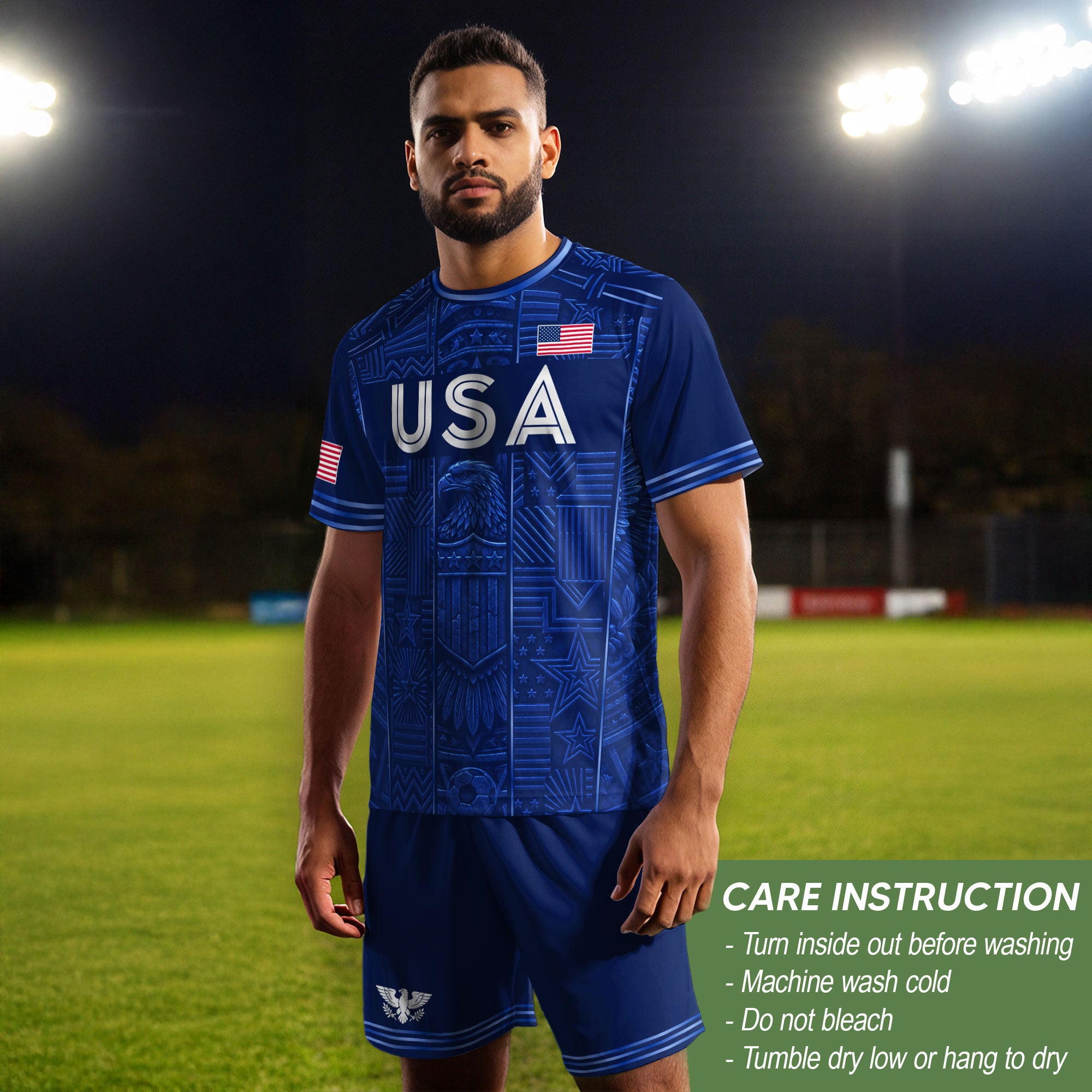 USA Soccer Jersey Men Navy Blue Eagle Star Pattern Patriotic Football T-Shirt - Rust Field Wear