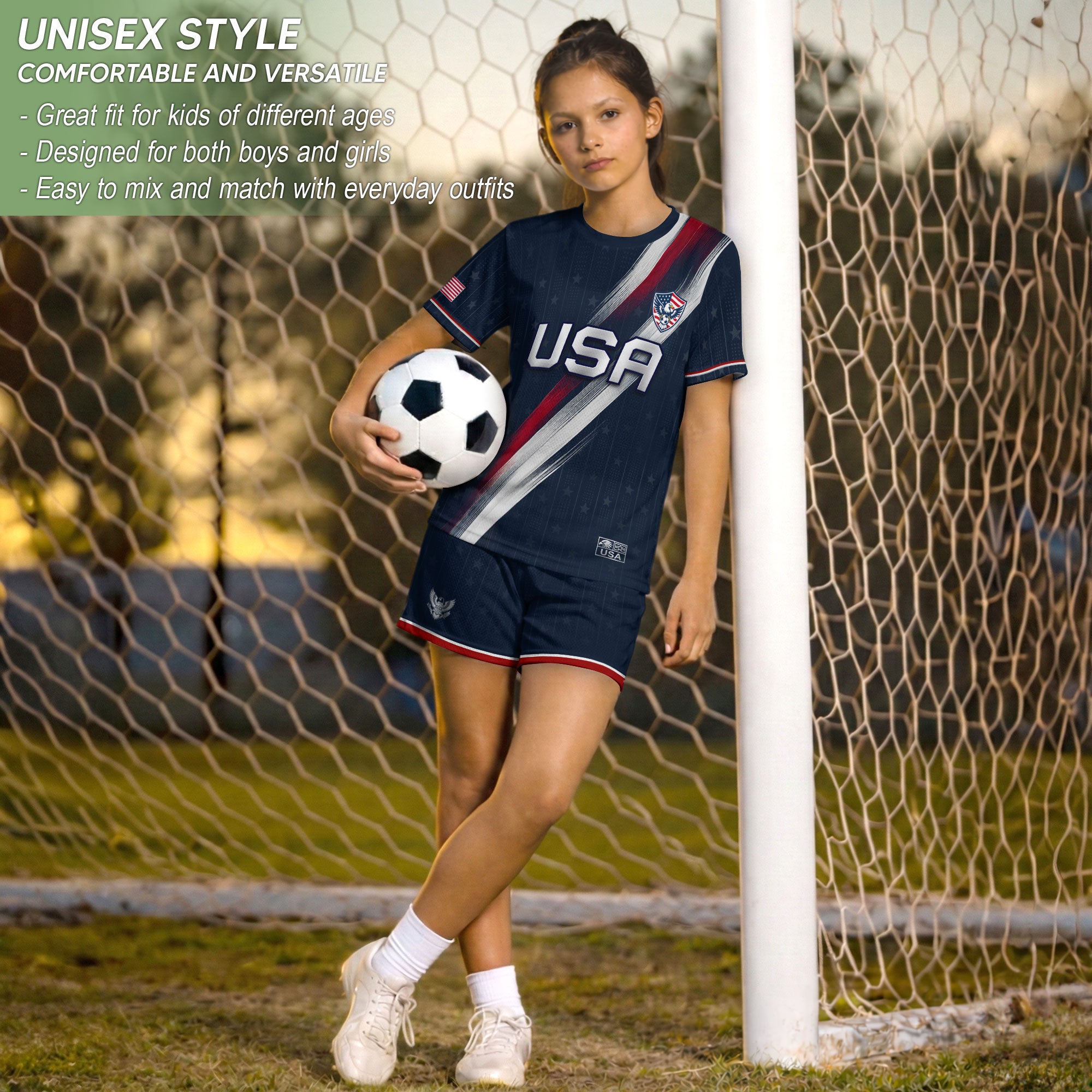 Kids USA Soccer Jersey Navy Blue Youth Patriotic American Flag Eagle Football Tee Shirt