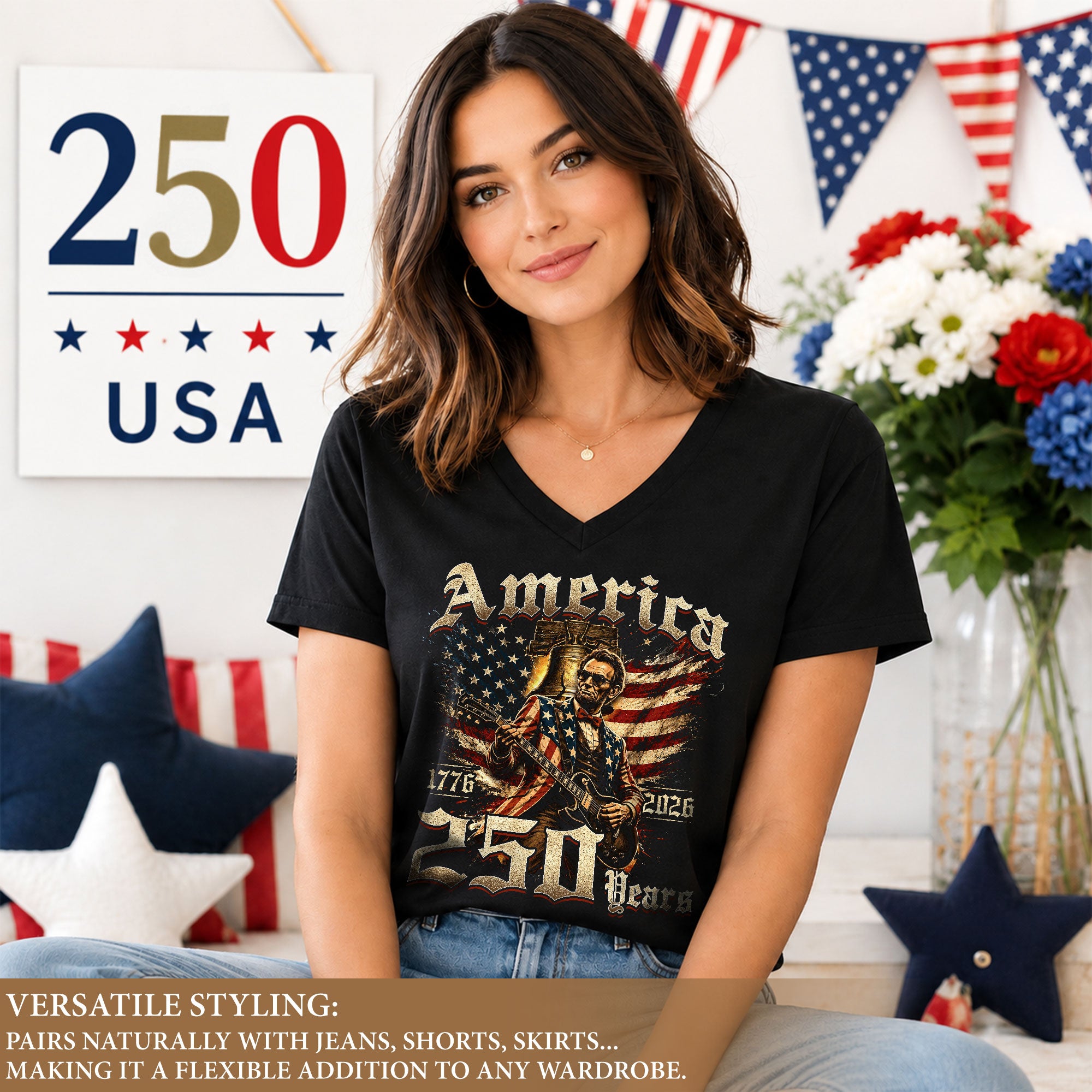 Lincoln Guitar V Neck Women T-Shirt Retro Aesthetic Patriotic 1776-2026 America 250 Years