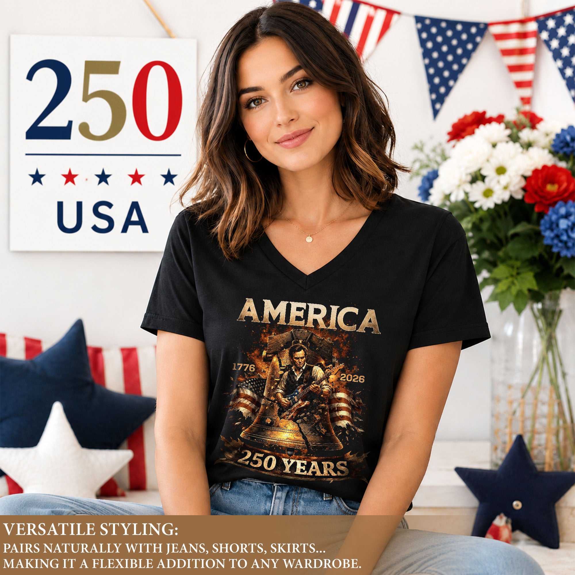 Liberty Bell Guitar V Neck Women T-Shirt Patriotic 1776-2026 America 250 Years Black Tee