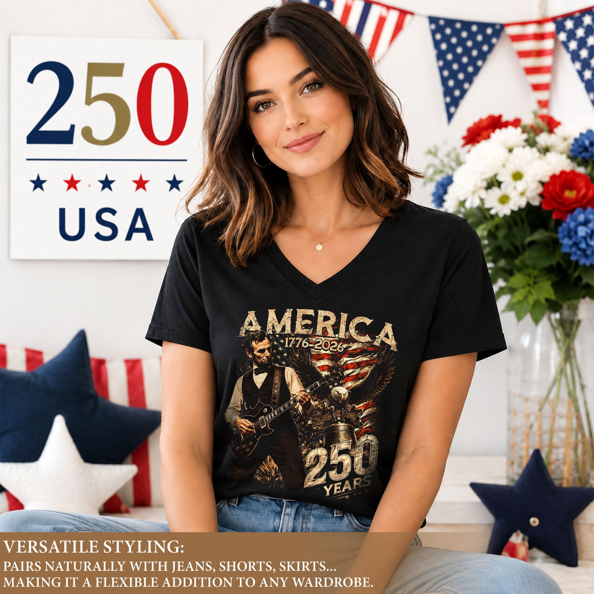 Vintage Lincoln V-Neck Shirt Patriotic Eagle 1776-2026 America 250 Years Women