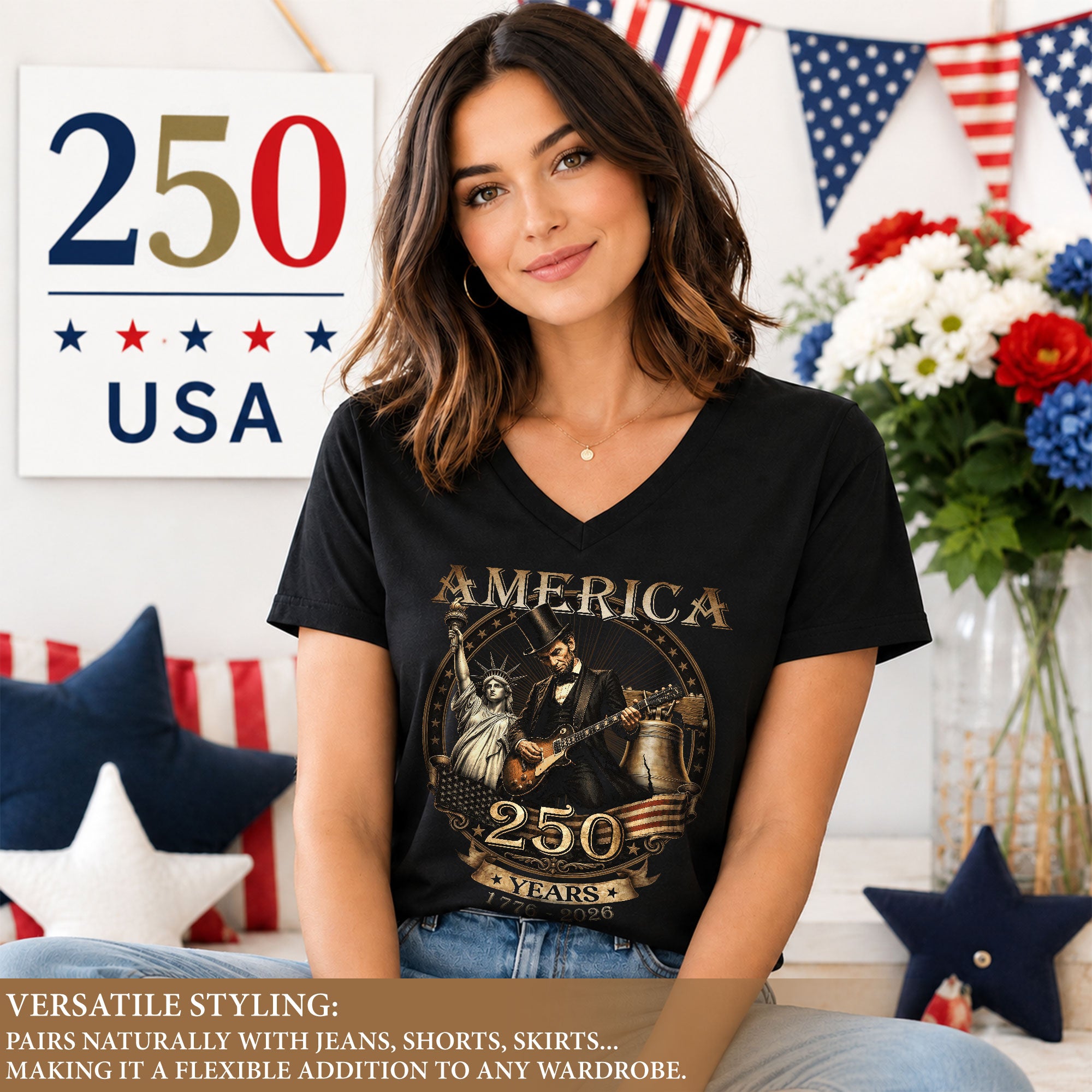 Lincoln Guitar V-Neck Shirt Soft Graphic Tee Patriotic 1776-2026 America 250 Years