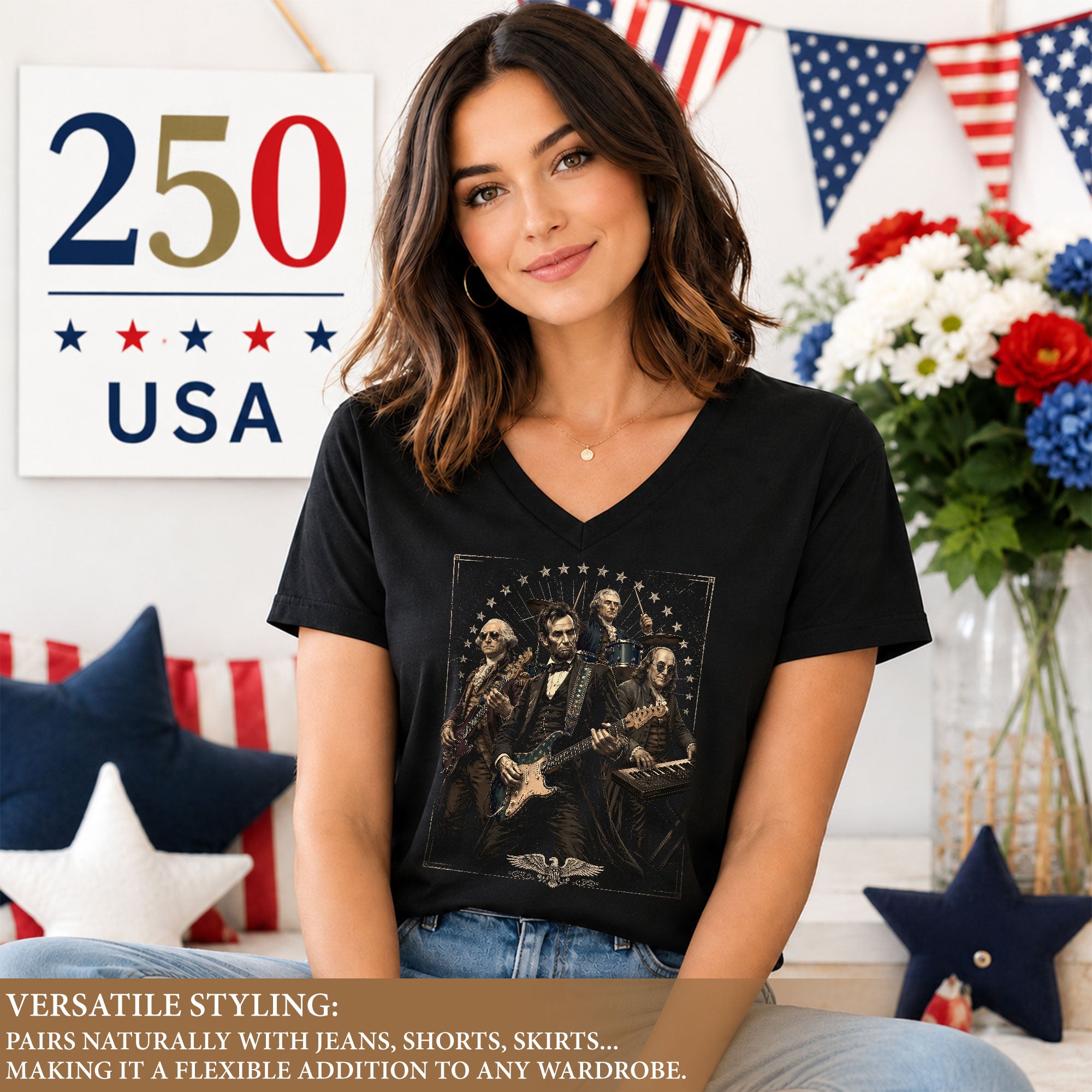 US Founding Fathers Rock Band V-neck Shirt - Vintage American Patriotic Graphic Tee