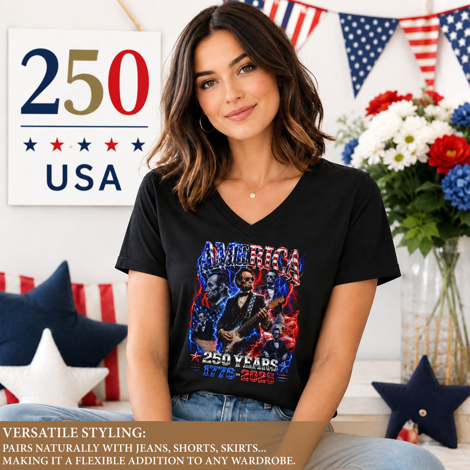 Patriotic Abraham Lincoln Rock Guitar V-neck Shirt - 1776-2026 Historical Graphic Tee