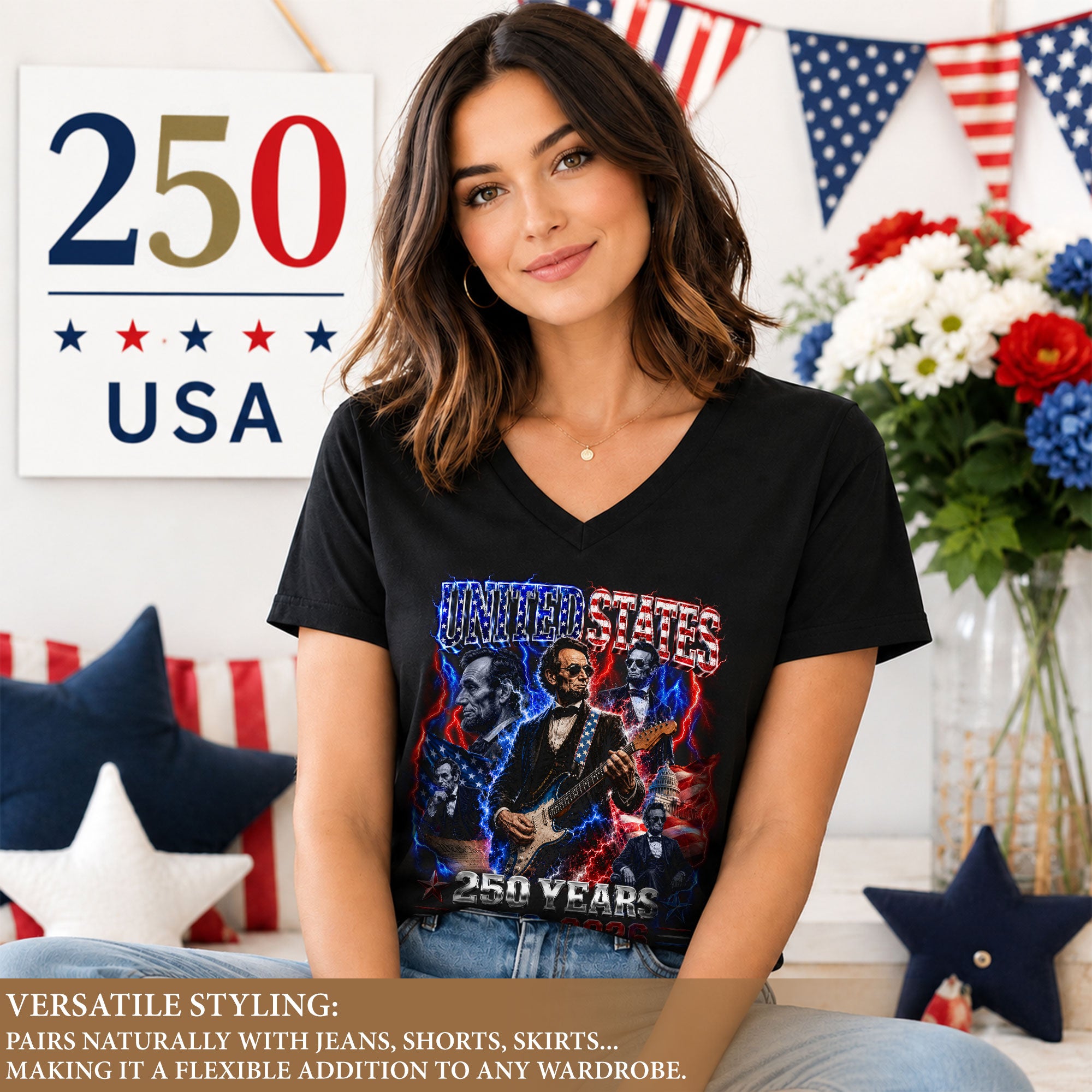 Patriotic Abraham Lincoln Rock Guitar V-neck Shirt - 1776-2026 Historical Graphic Tee
