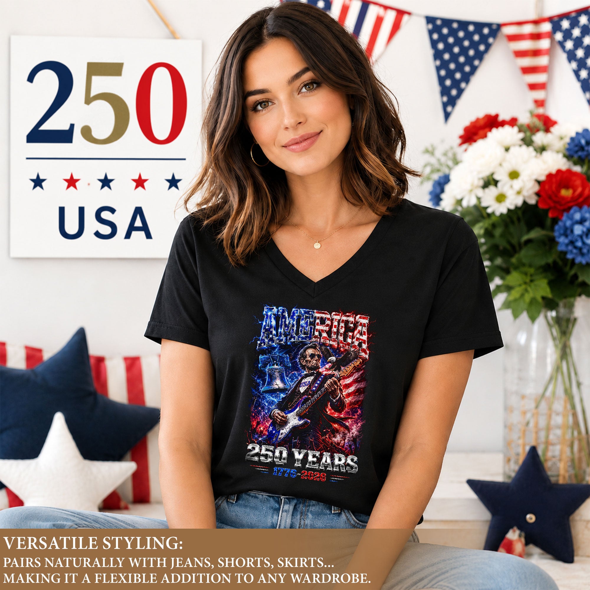 Vintage Abraham Lincoln Rocker V-neck Shirt - Patriotic USA 1776-2026 Graphic Apparel