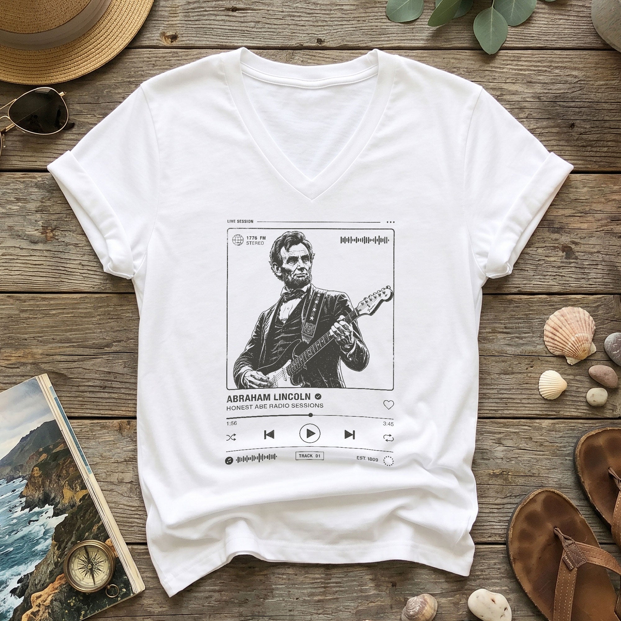 Abraham Lincoln Music Radio Session White V-neck Shirt - Vintage Graphic Apparel Tee
