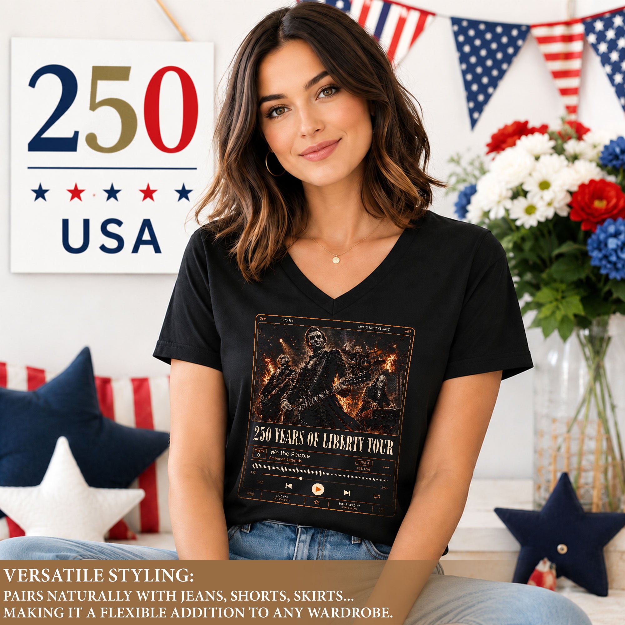 Historic Liberty Tour Rock Band V-neck Shirt - Patriotic American Graphic Apparel Tee