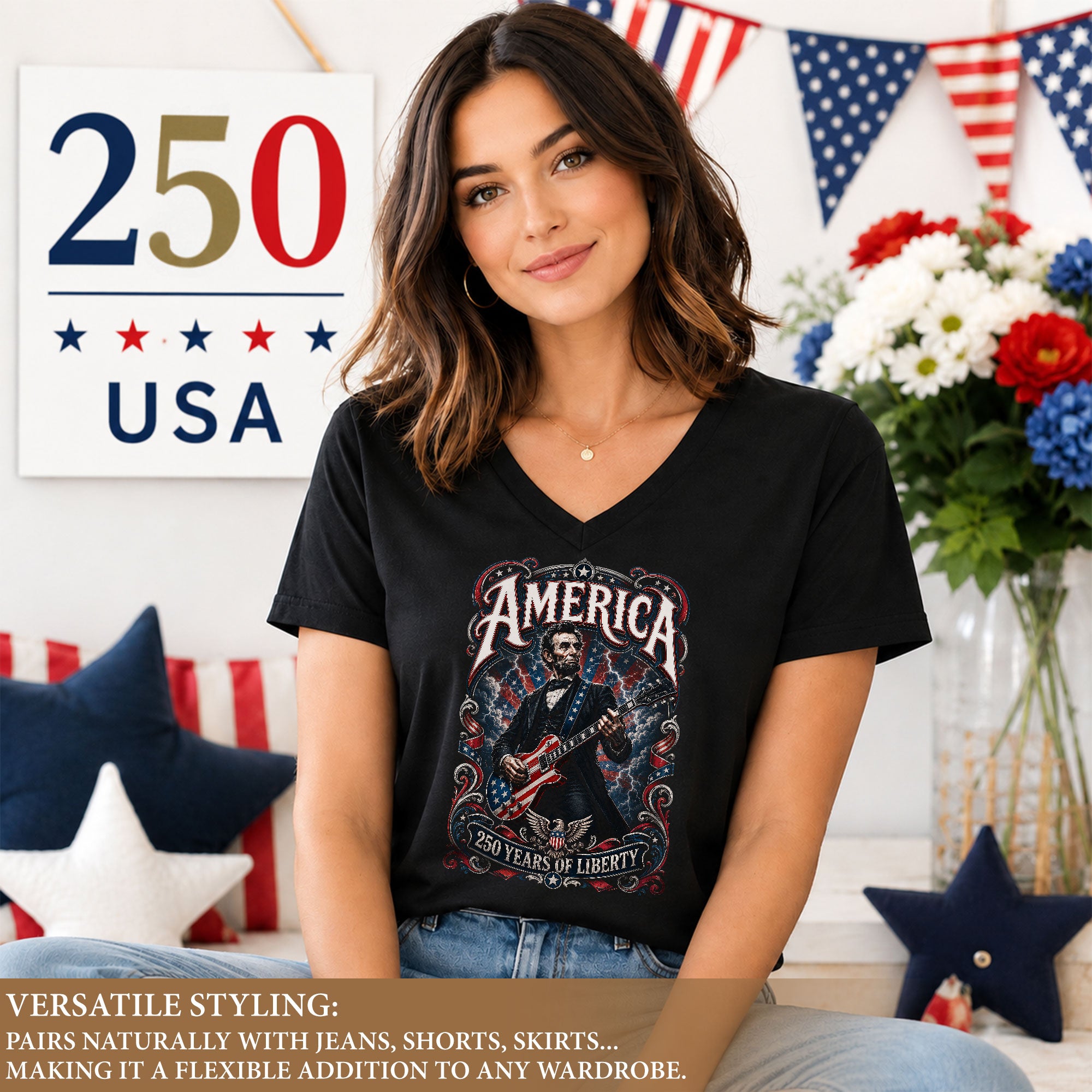 Patriotic Abraham Lincoln Guitarist V-neck Shirt - 250 Years of Liberty Graphic Apparel