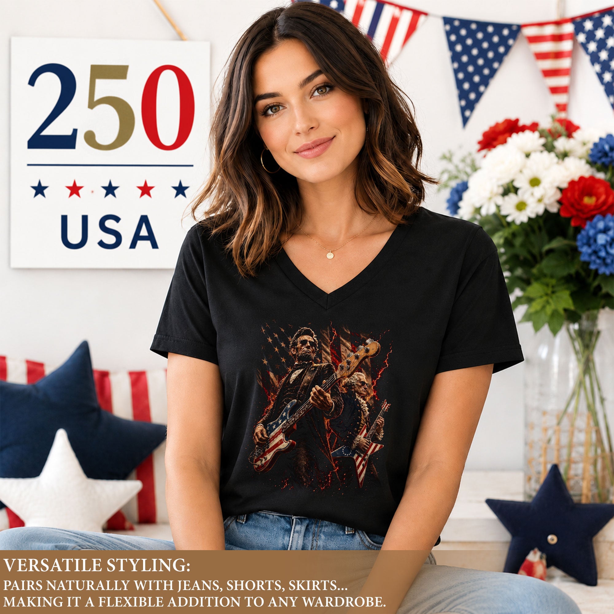 Iconic Presidents Rocking Out V-neck Shirt - Patriotic Vintage Musical Graphic Tee
