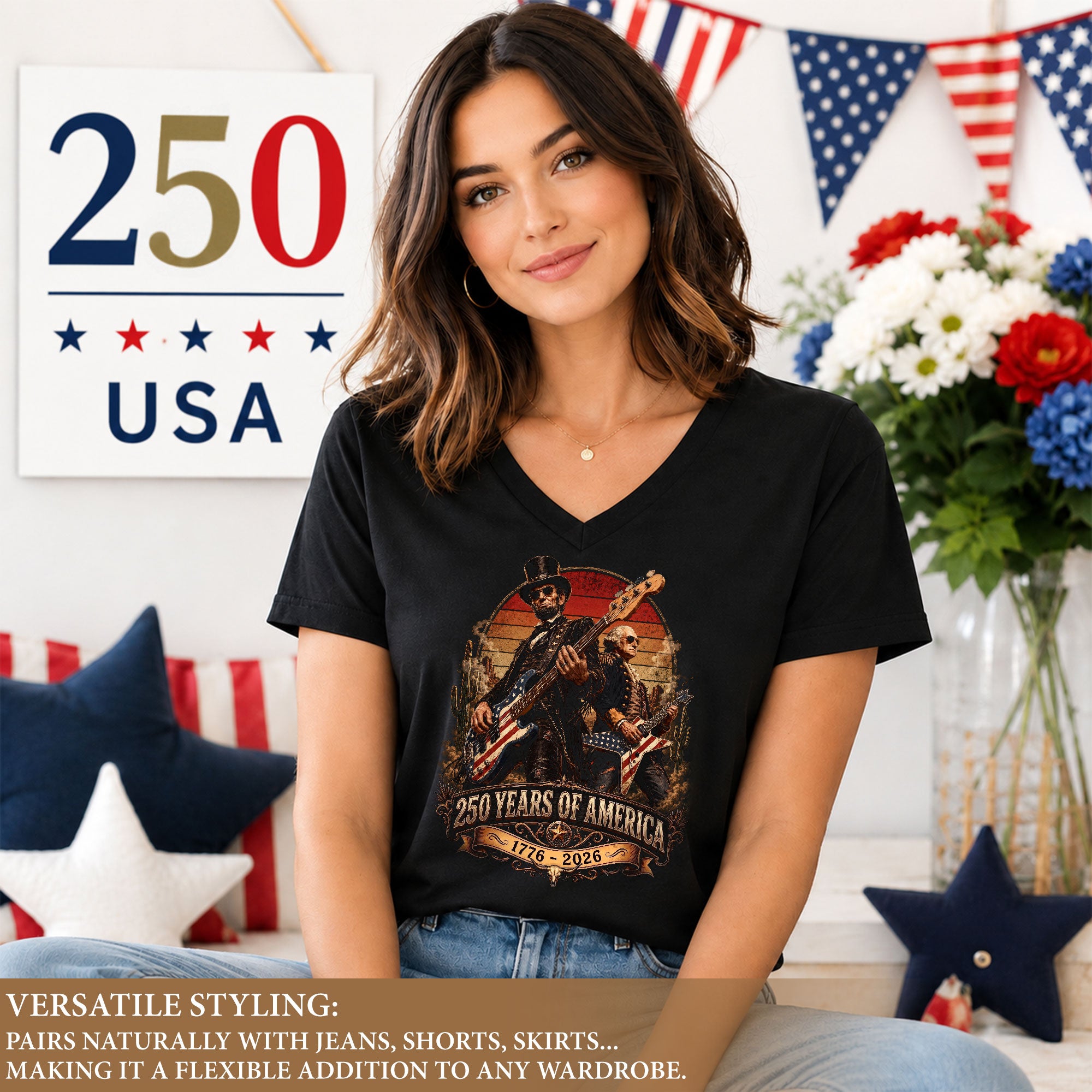 250 Years of America Rocking Icons V-neck Shirt - Vintage Patriotic Music Graphic Tee