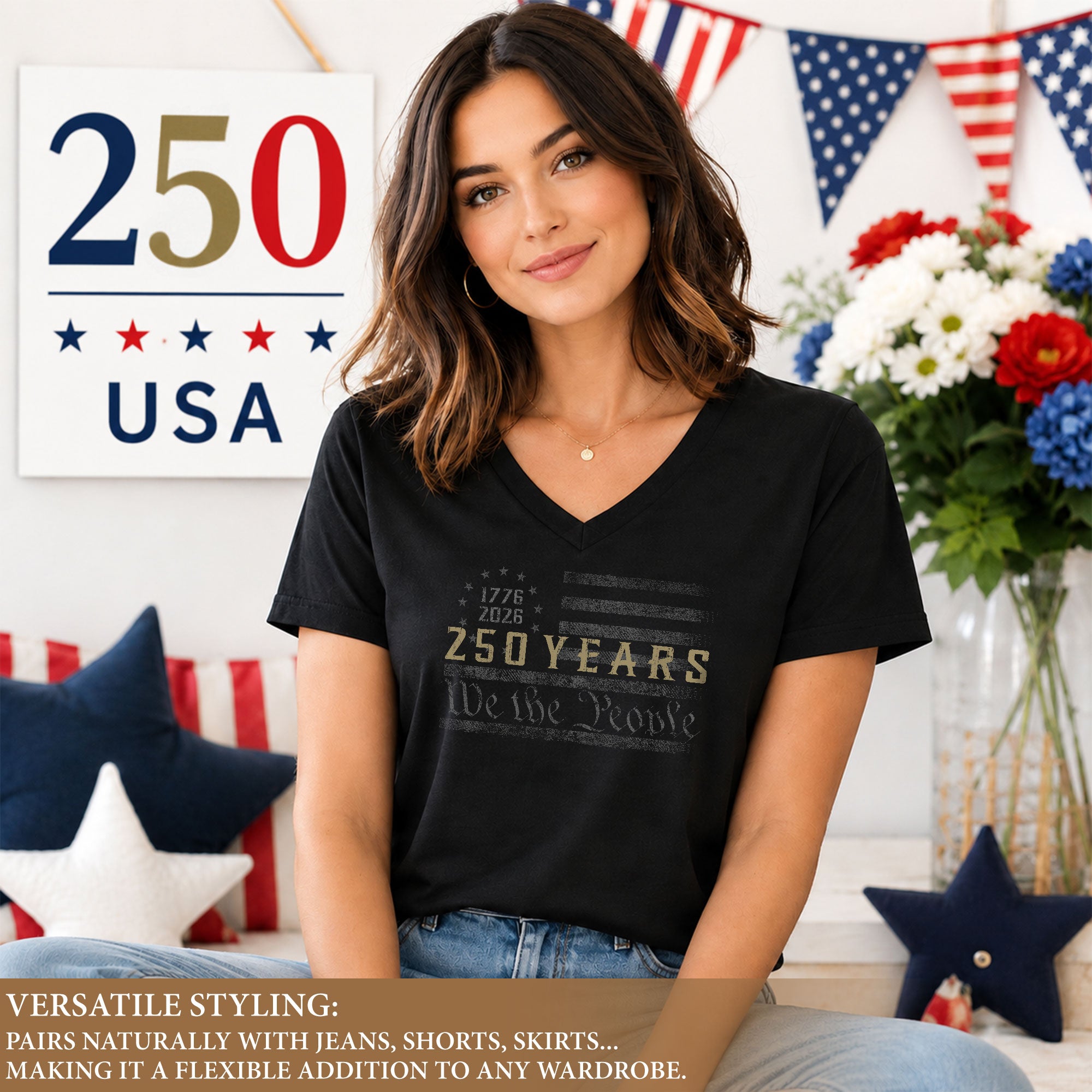 Patriotic V-Neck T-Shirt Women 1776-2026 250 Years We The People Historical Graphic