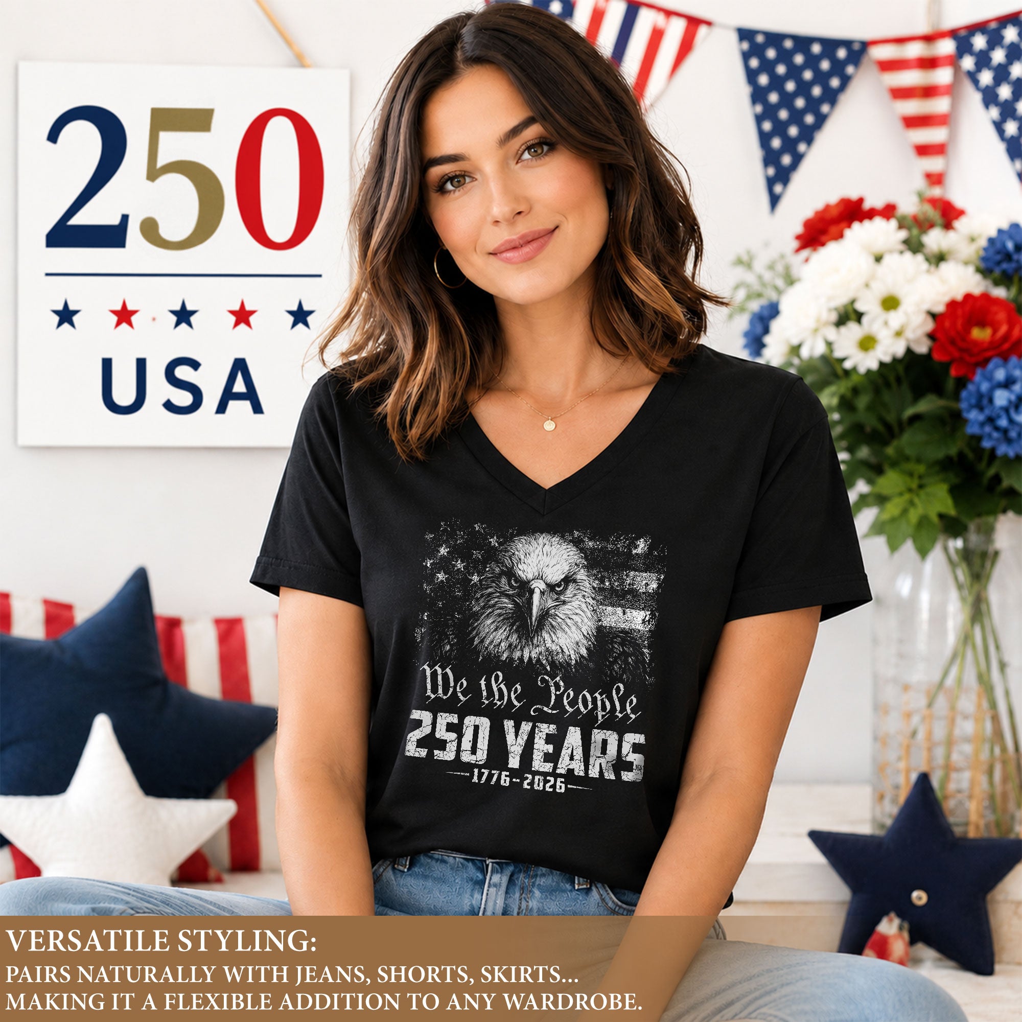 Women's V-Neck Graphic T-Shirt Eagle 1776-2026 Patriotic Design We The People Top - Rust Field Wear