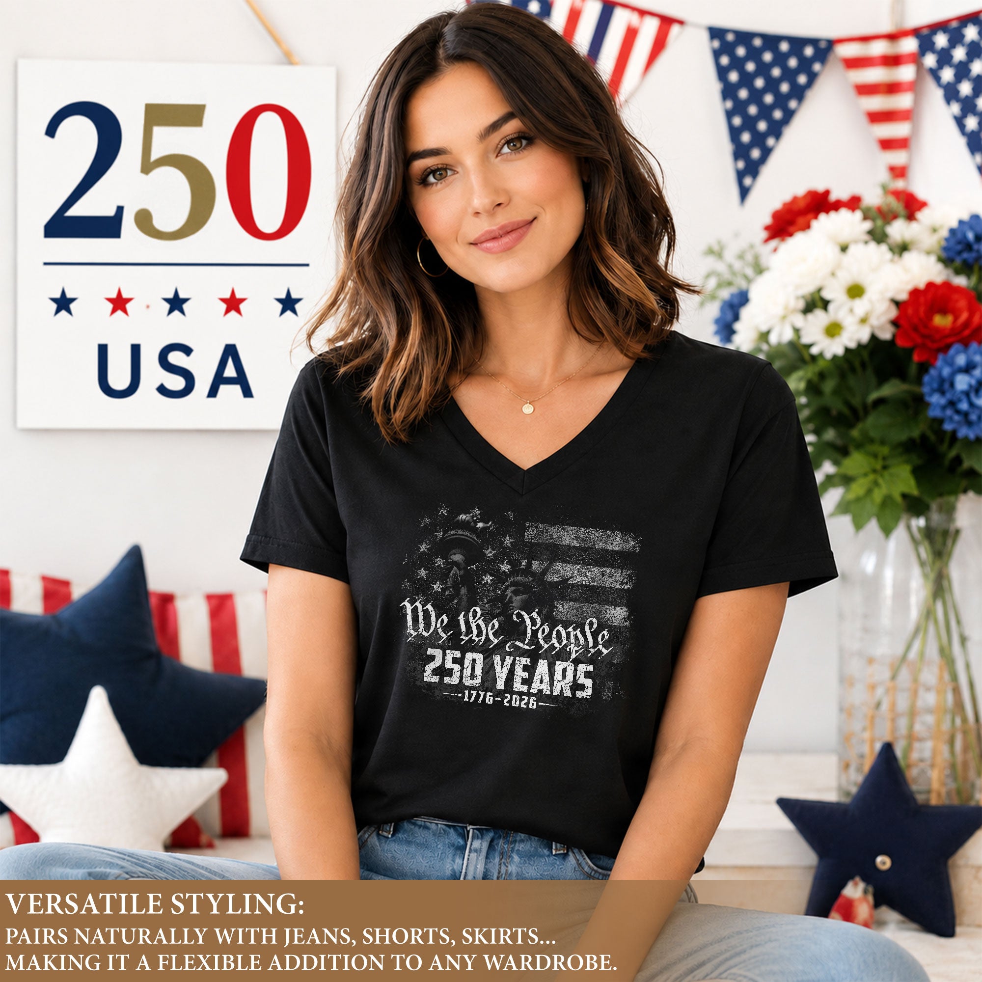 Women's Statue of Liberty V-Neck Tee "We The People" 1776-2026 Patriotic Apparel - Rust Field Wear