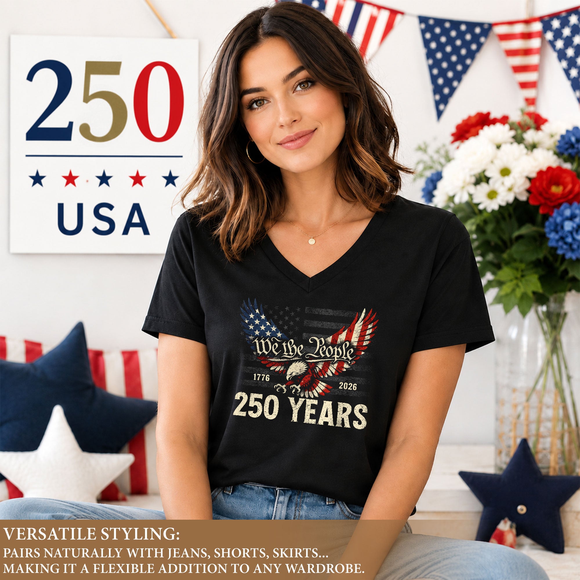 Vintage Style V-Neck Tee Women's 250th Anniversary Eagle We The People US Apparel