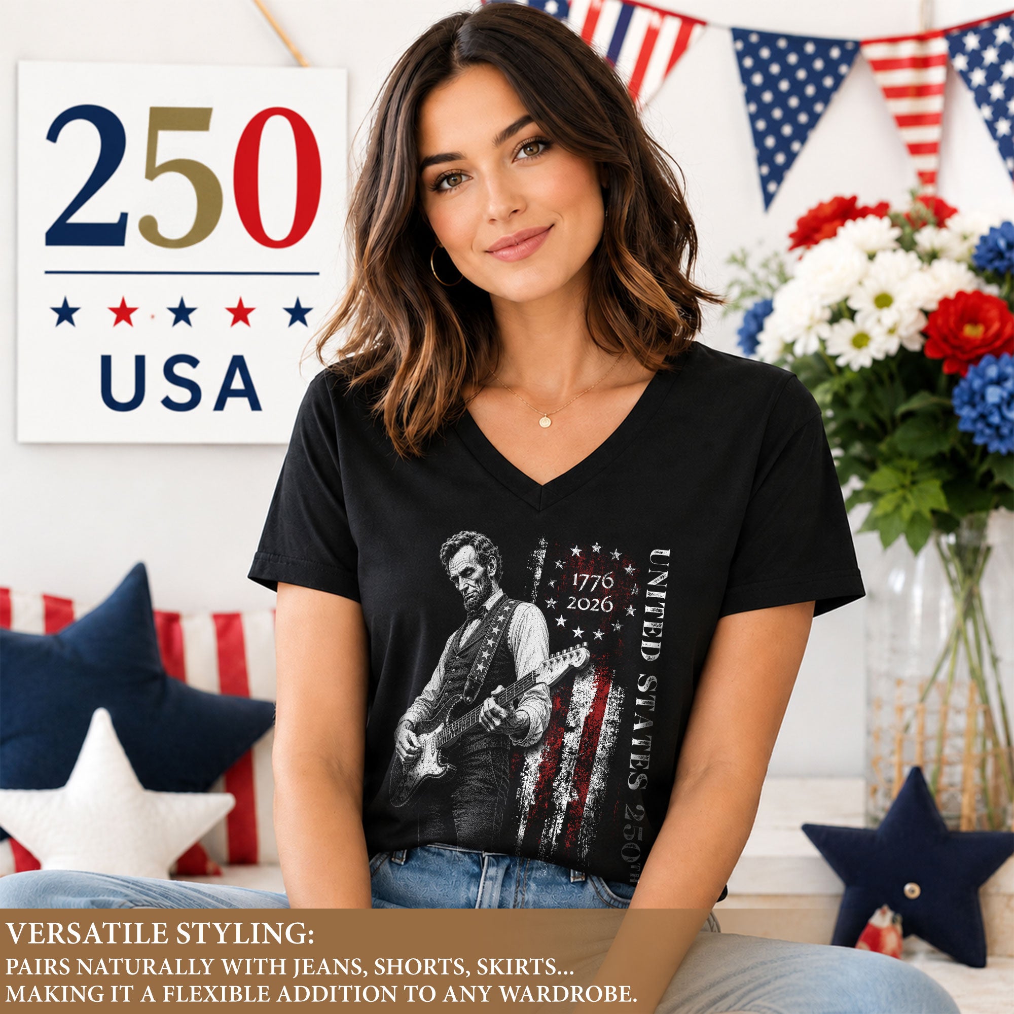 Patriotic Lincoln Flag V-Neck Shirt Vintage 1776-2026 America 250th Womens Tee