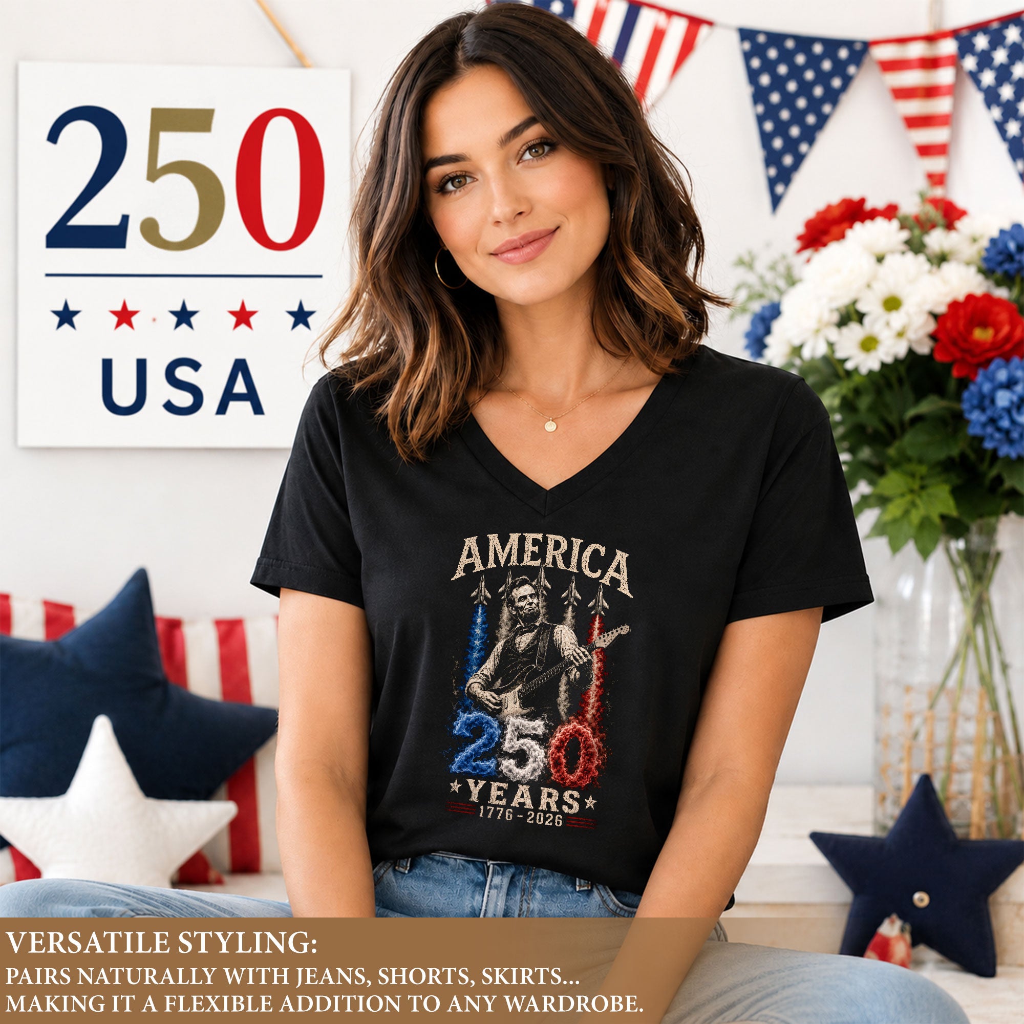 Patriotic V-Neck T-Shirt Women Lincoln Playing Guitar 1776-2026 Jet Graphic Top