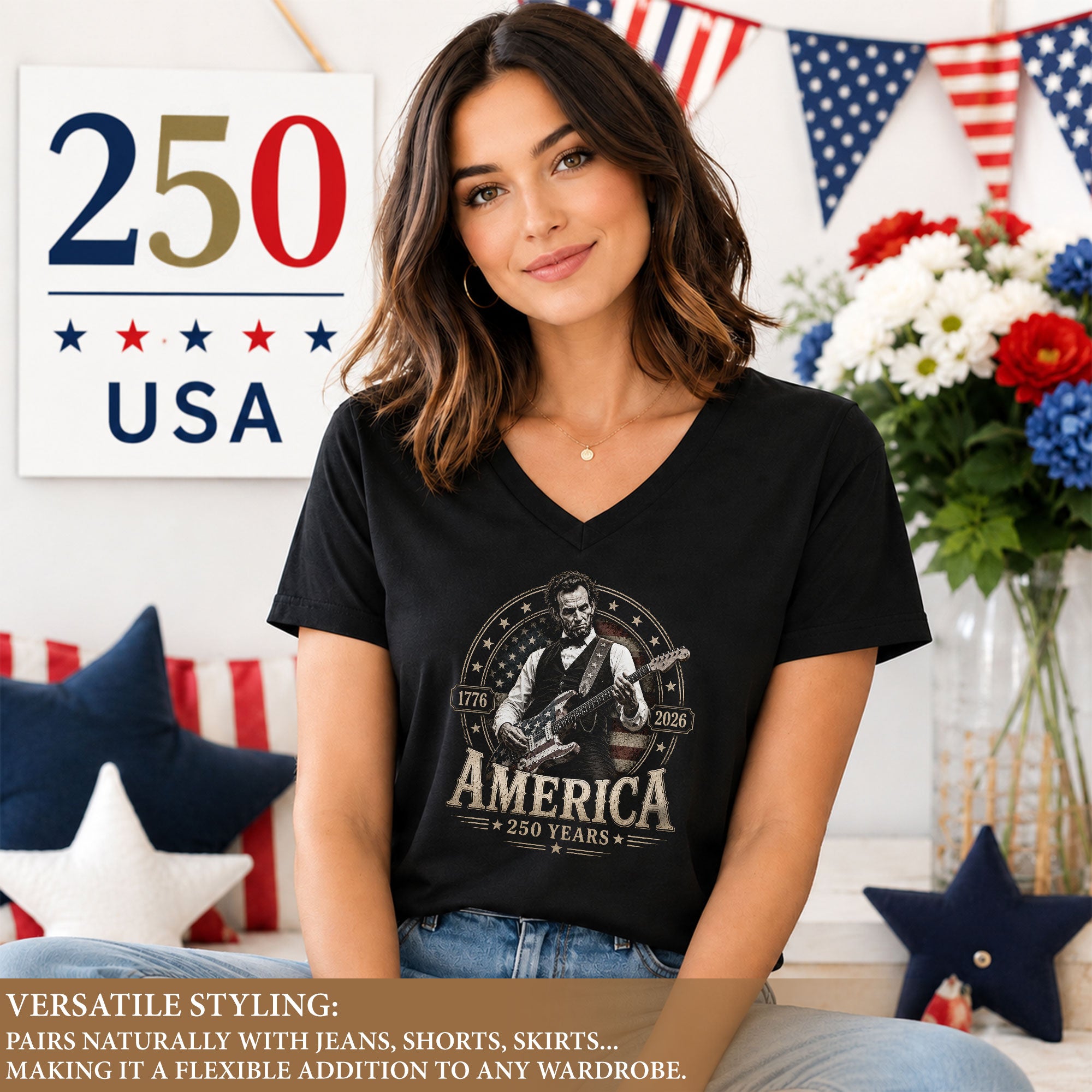 Lincoln Guitarist Graphic V-Neck Shirt Women's America 250 Years 1776-2026 Patriotic
