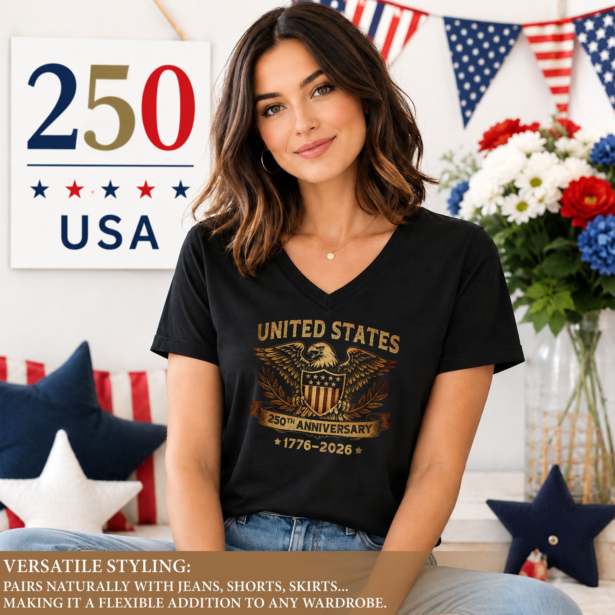 Women's V-Neck Graphic Tee Patriotic Eagle Shield Print 1776-2026 Historical Vintage Top - Rust Field Wear