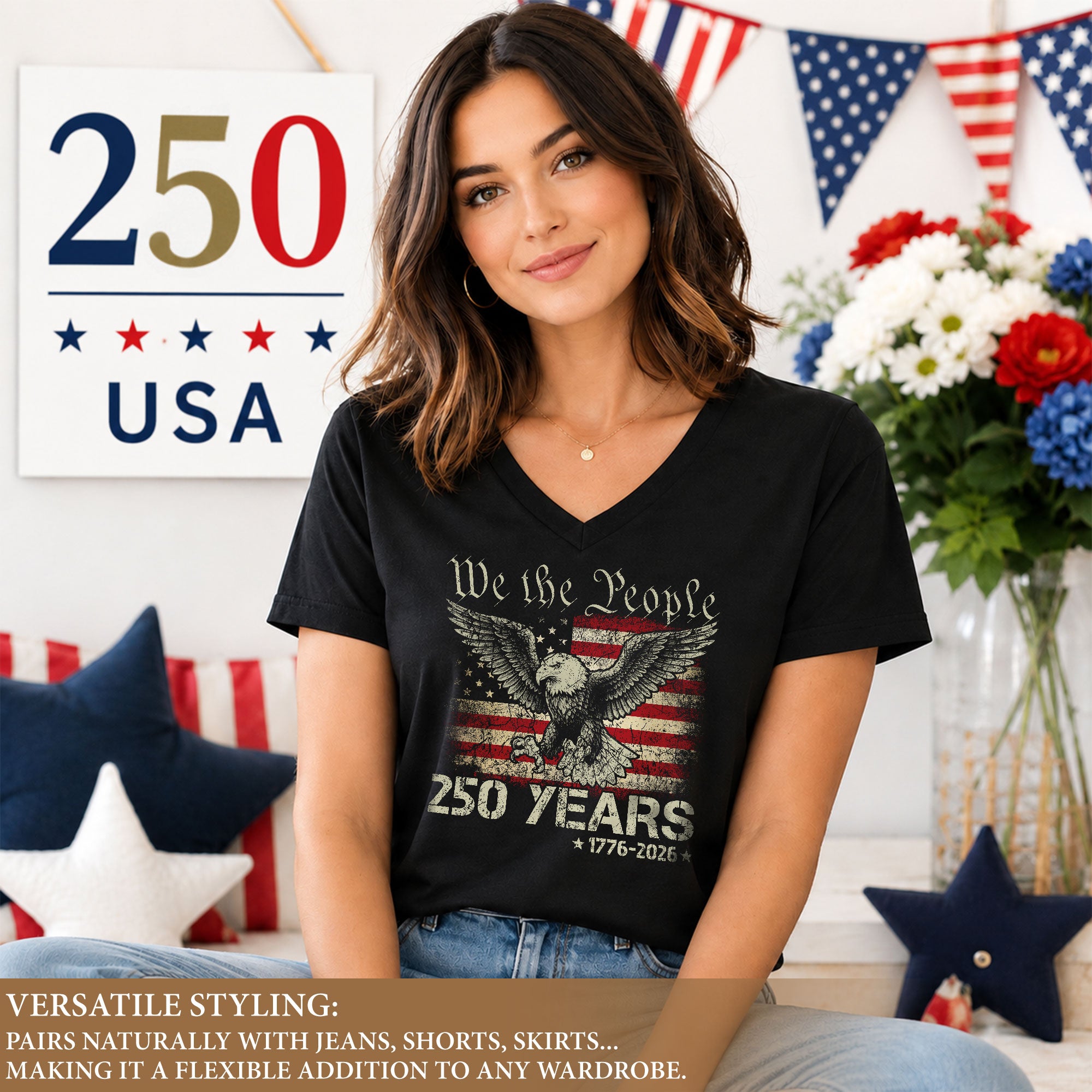 Patriotic We The People Eagle V-Neck T-Shirt Women 1776-2026 Historical Graphic Top - Rust Field Wear