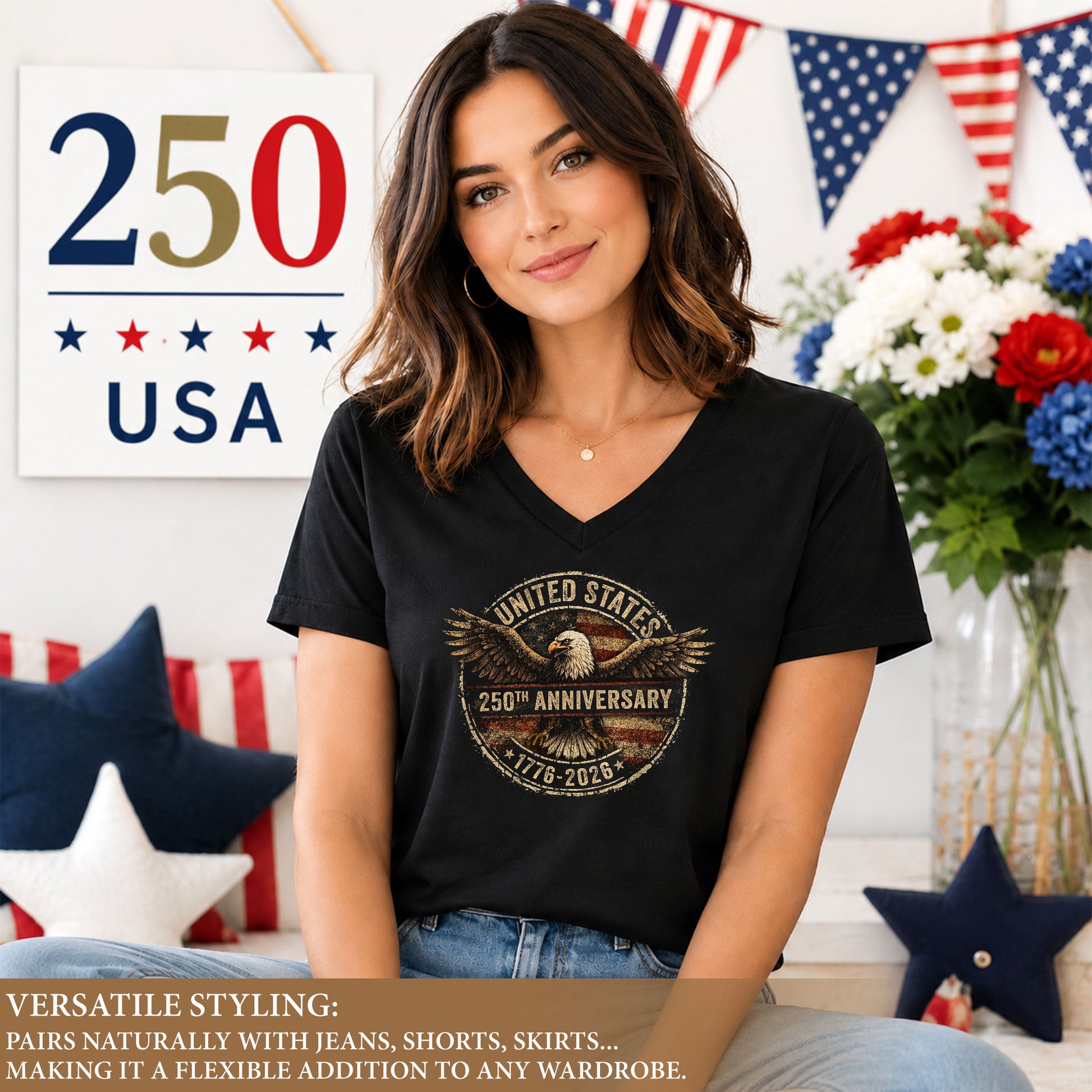 Women's V-Neck Patriotic Graphic Tee United States Eagle 1776-2026 Historical Shirt - Rust Field Wear