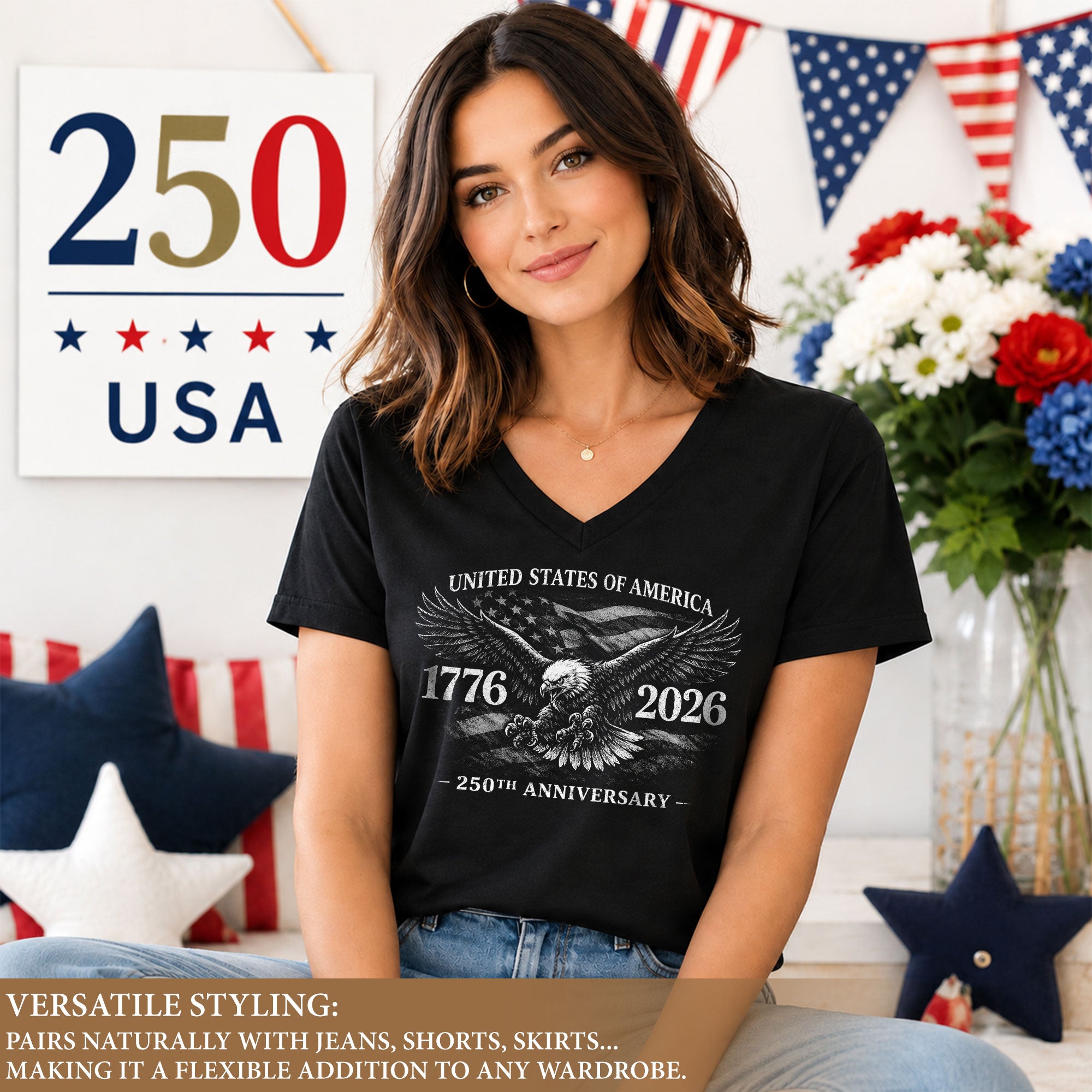 Patriotic V-Neck T-Shirt Women Eagle 1776-2026 Graphic United States History Casual Tee
