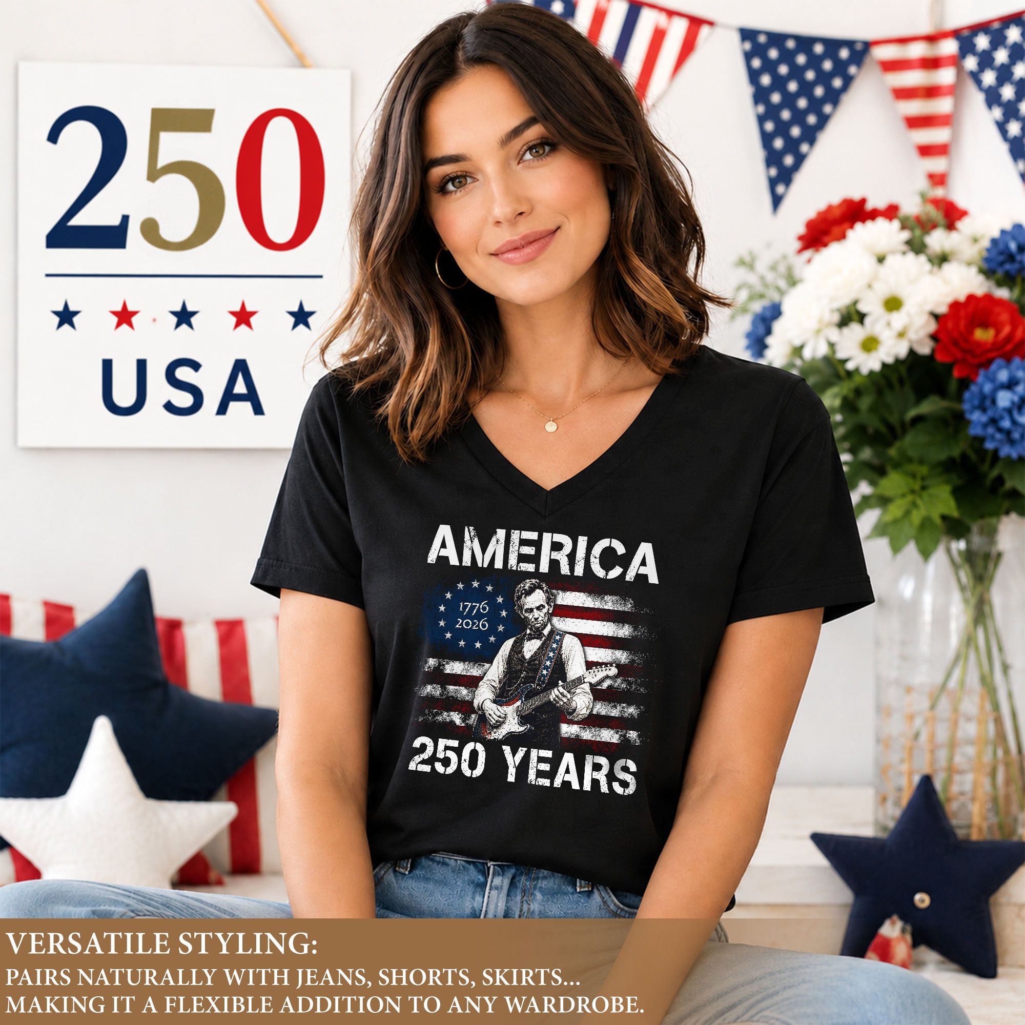 Rock Lincoln V Neck T-Shirt Patriotic 1776-2026 America 250 Years Women Graphic