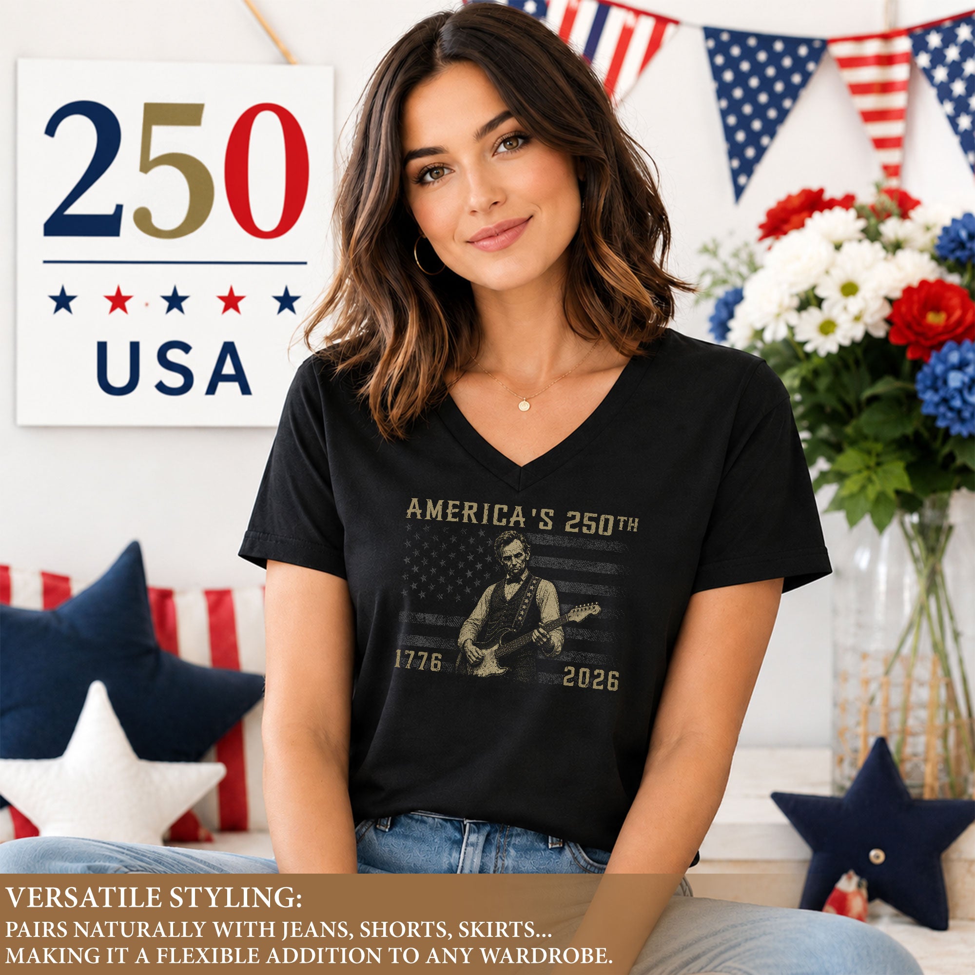 Lincoln Guitar V Neck T-Shirt Patriotic 1776-2026 America 250th Tee Graphic