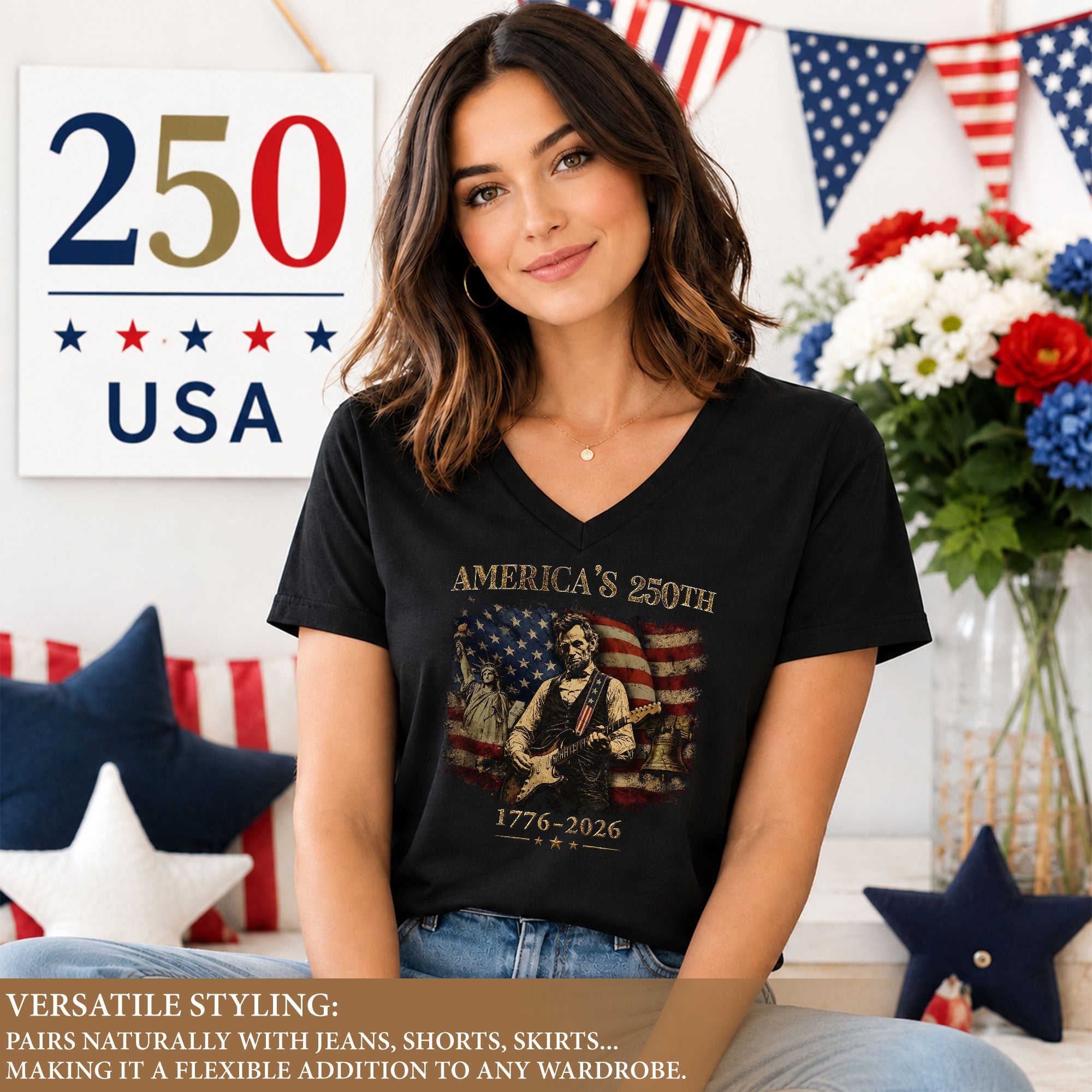 Statue of Liberty Lincoln V-Neck Shirt Vintage 1776-2026 America 250th Women Tee
