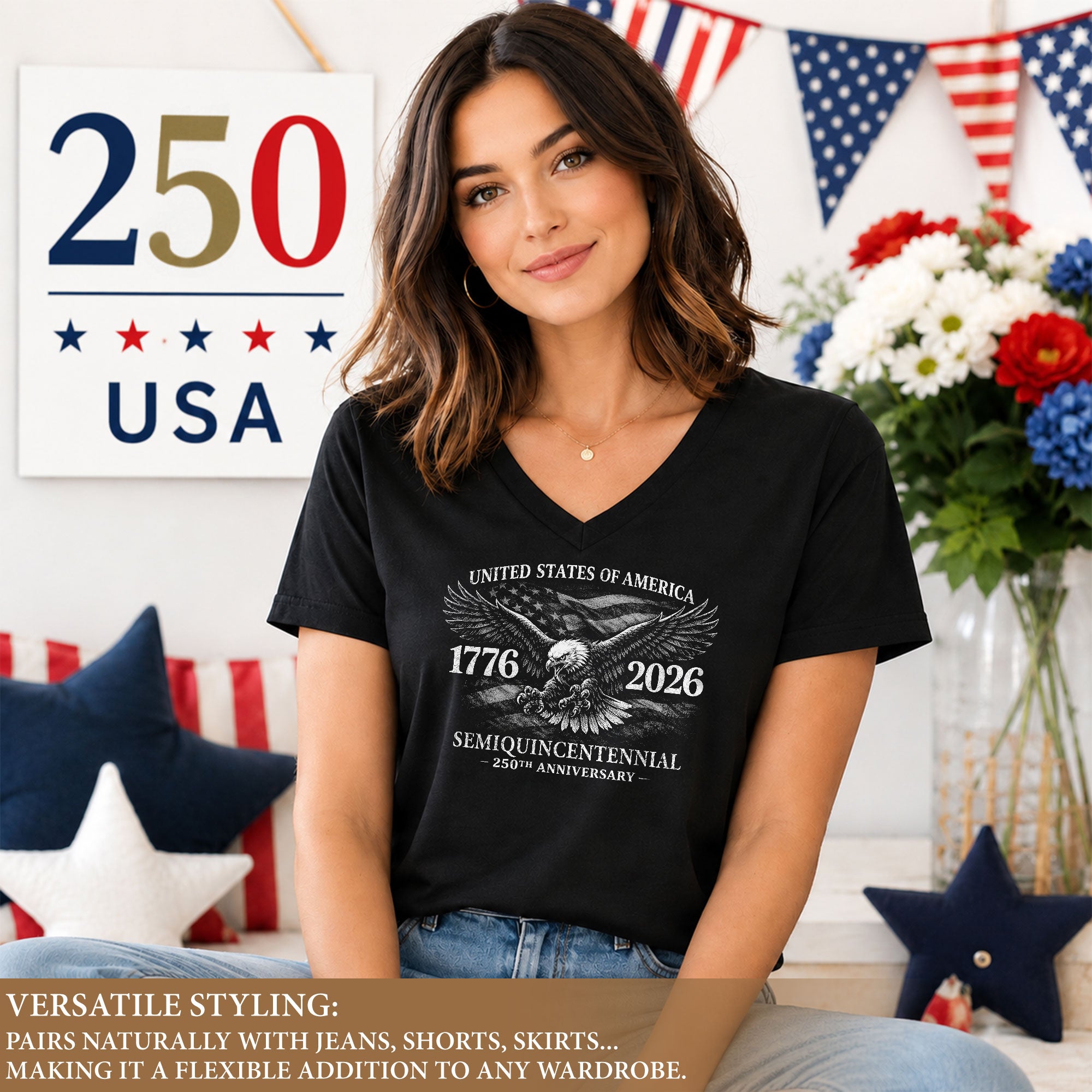 Patriotic V-Neck T-Shirt Women Eagle 1776-2026 Graphic United States History Casual Tee