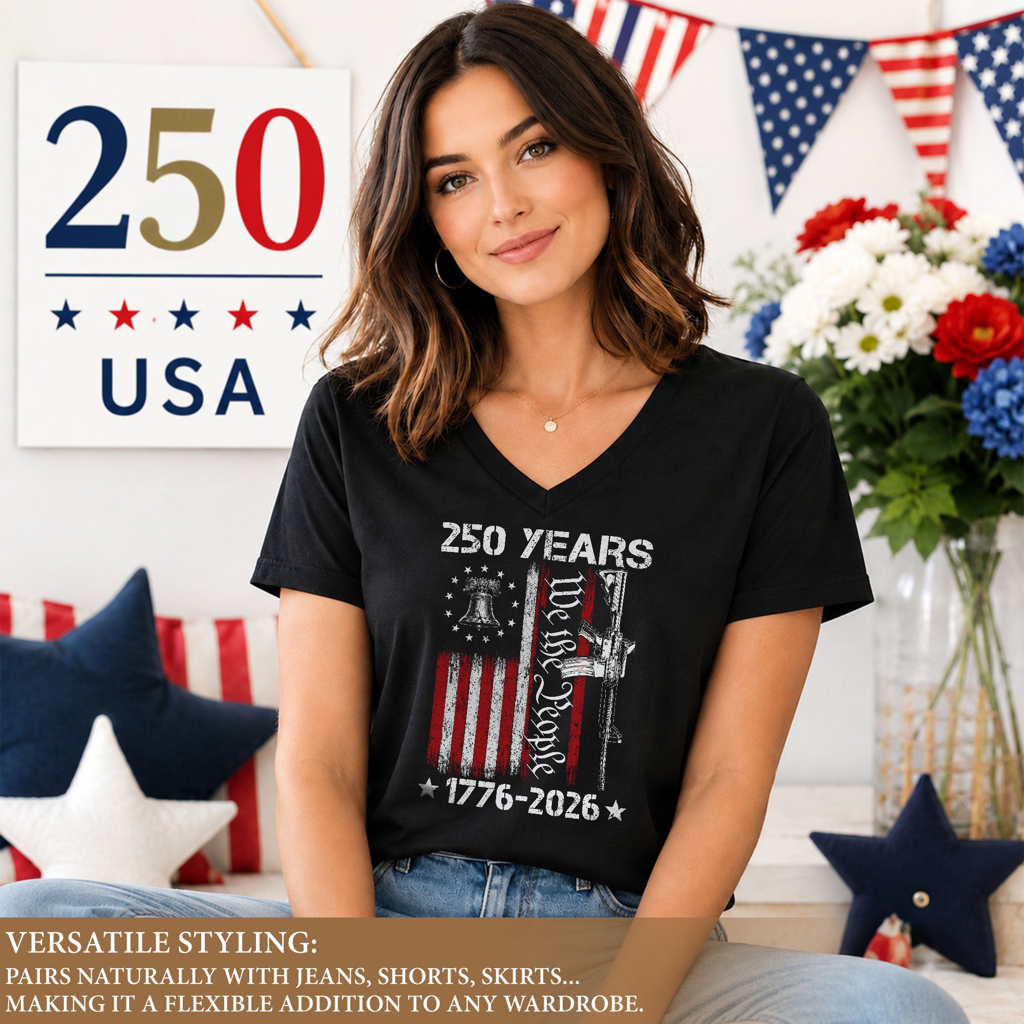 V-Neck T-Shirt Women Patriotic We The People 1776-2026 Liberty Bell Graphic Tee
